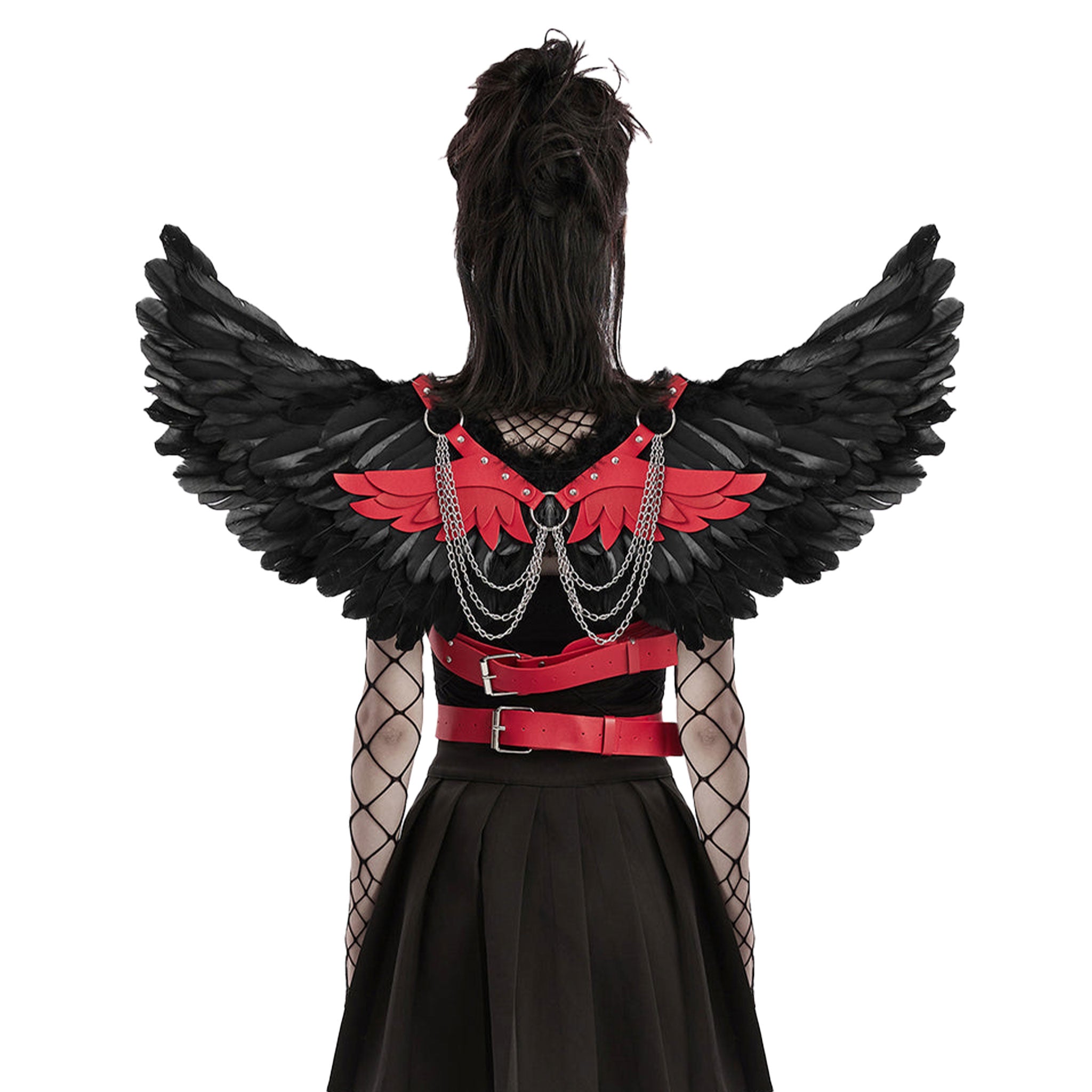 Feather synthetic wings layered stylized polyester PU leather metallic chains patchwork lightweight fallen-angel fallen angel dark fetish halloween costume cosplay accessories black red