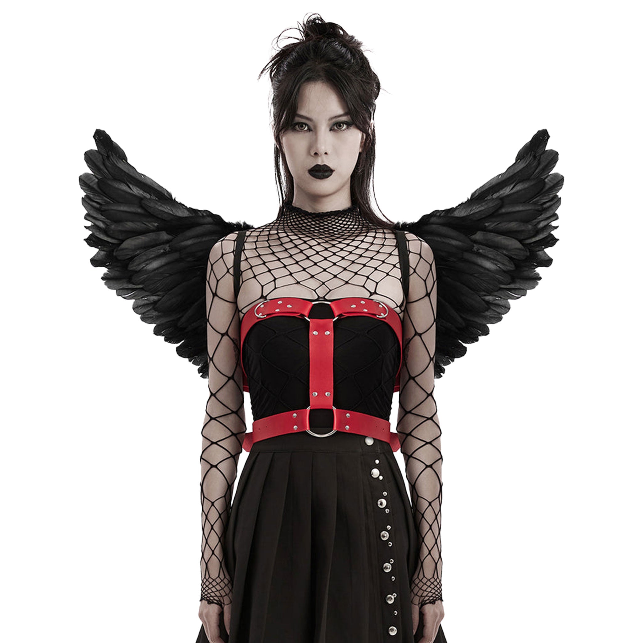 Feather synthetic wings layered stylized polyester PU leather metallic chains patchwork lightweight fallen-angel fallen angel dark fetish halloween costume cosplay accessories black red