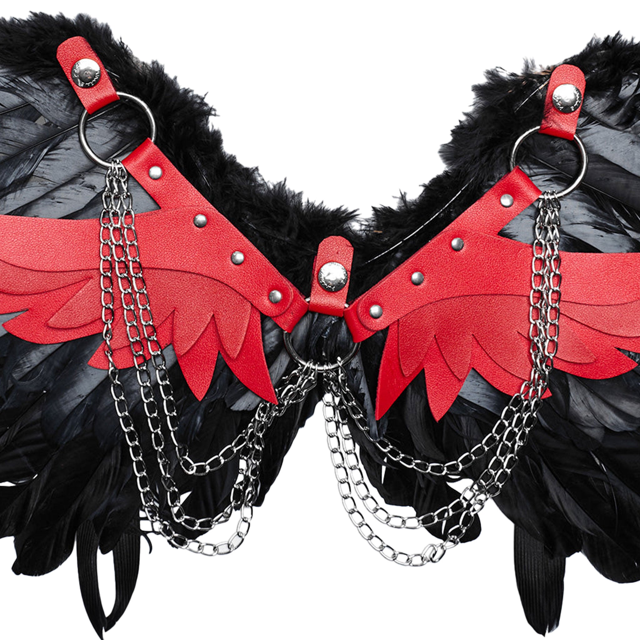 Feather synthetic wings layered stylized polyester PU leather metallic chains patchwork lightweight fallen-angel fallen angel dark fetish halloween costume cosplay accessories black red