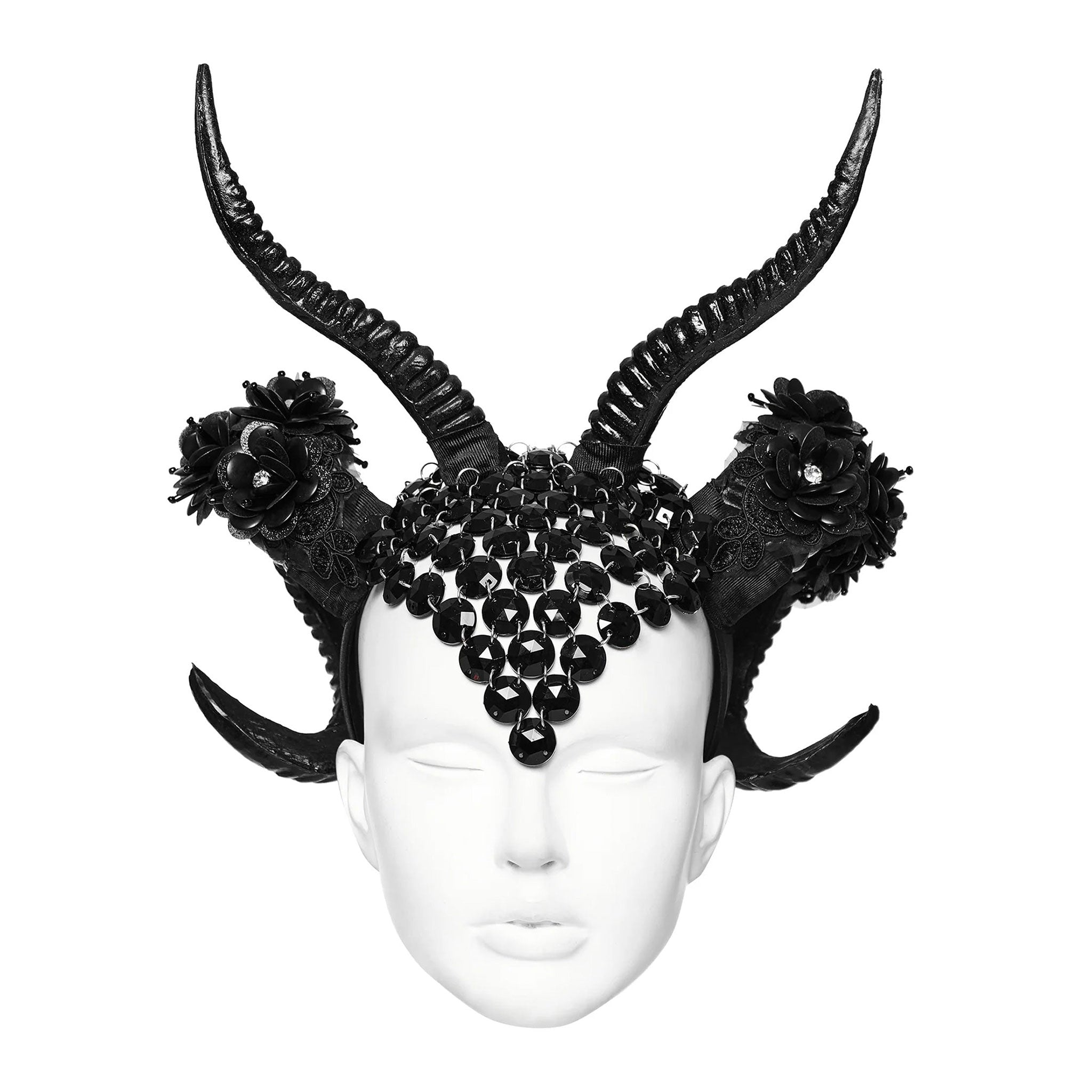 Devil horns black crystal mesh headgear, devilish headgear with glittery flower accents, black crystal mesh drop headgear with plastic horns, Halloween cosplay devil horns with headband, dramatic devil headgear with crystal and flower details.