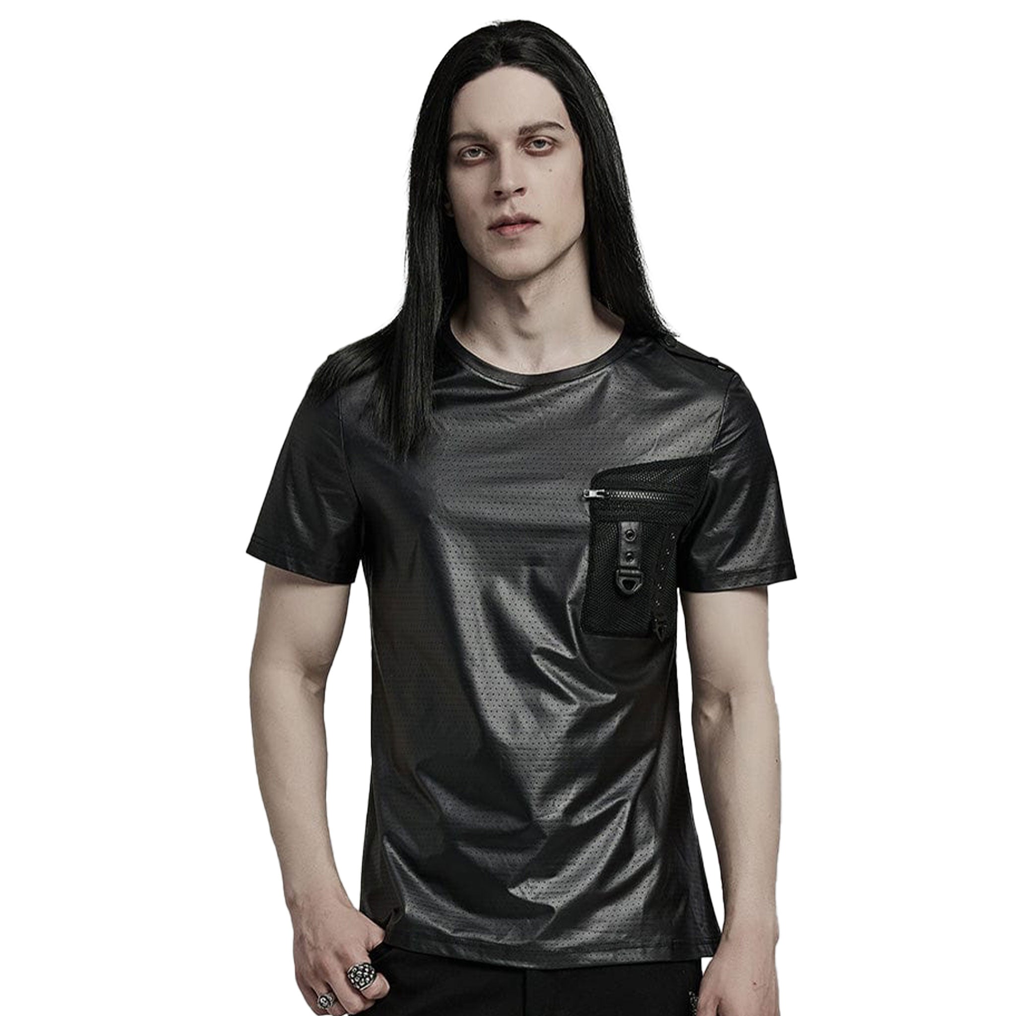 Zipper Front Pocket Perforated Wetlook T-shirt