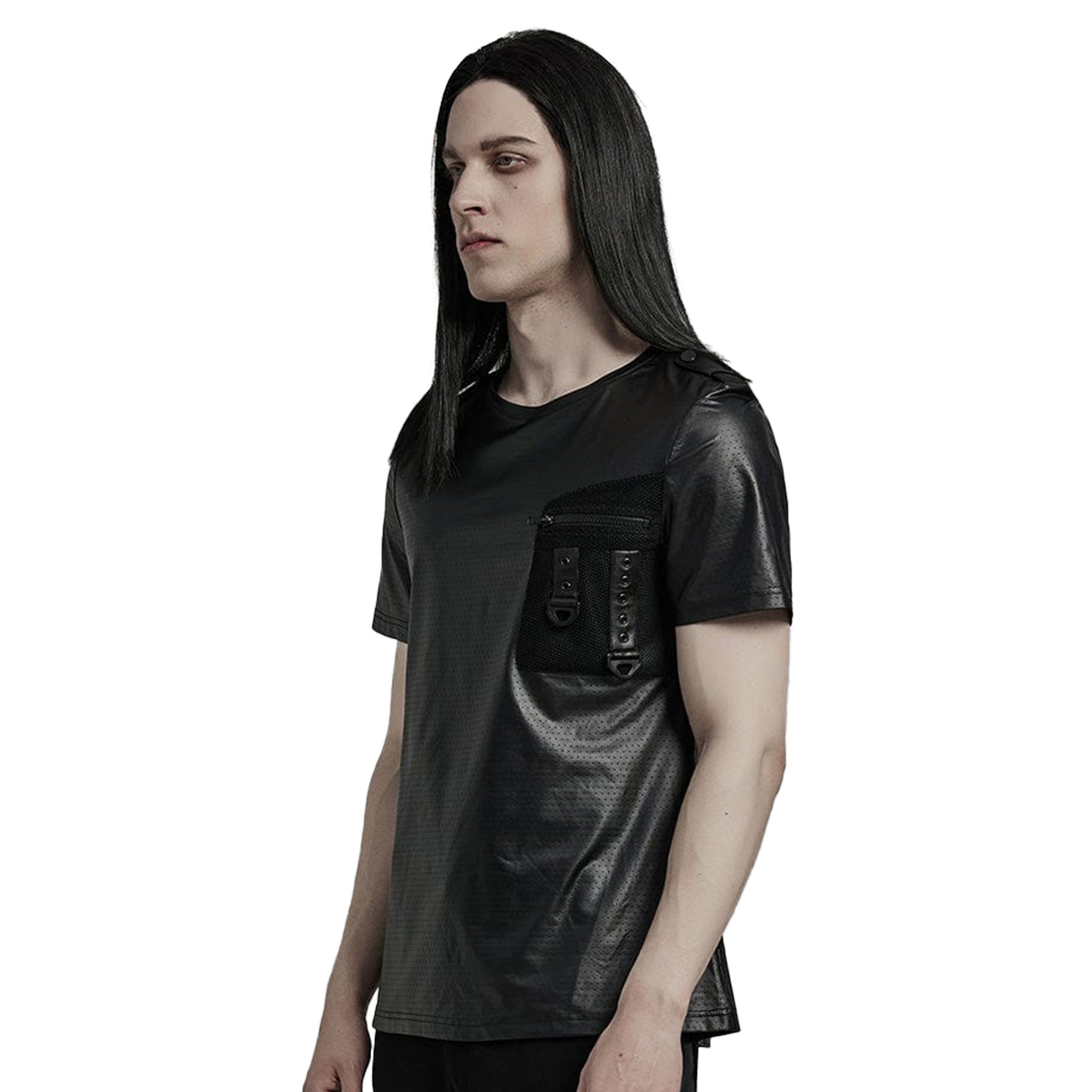 Zipper Front Pocket Perforated Wetlook T-shirt