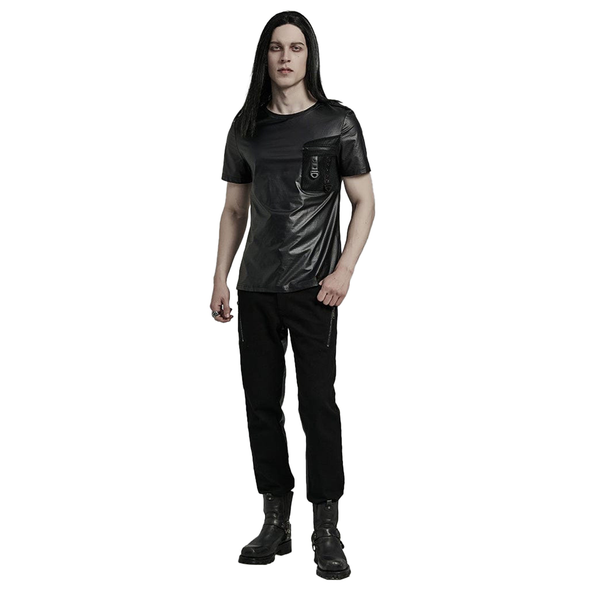 Zipper Front Pocket Perforated Wetlook T-shirt