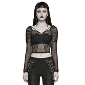 Gathered Mesh Long Sleeve Top | Gothic Hollow-Out Top | Skull Buckle Mesh Top | Sexy Mesh Long Sleeve Top | Women's Gothic Mesh Top