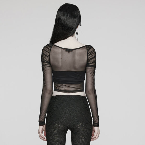 Gathered Mesh Long Sleeve Top | Gothic Hollow-Out Top | Skull Buckle Mesh Top | Sexy Mesh Long Sleeve Top | Women's Gothic Mesh Top