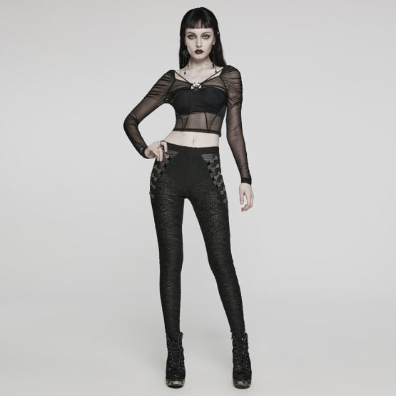 Gathered Mesh Long Sleeve Top | Gothic Hollow-Out Top | Skull Buckle Mesh Top | Sexy Mesh Long Sleeve Top | Women's Gothic Mesh Top