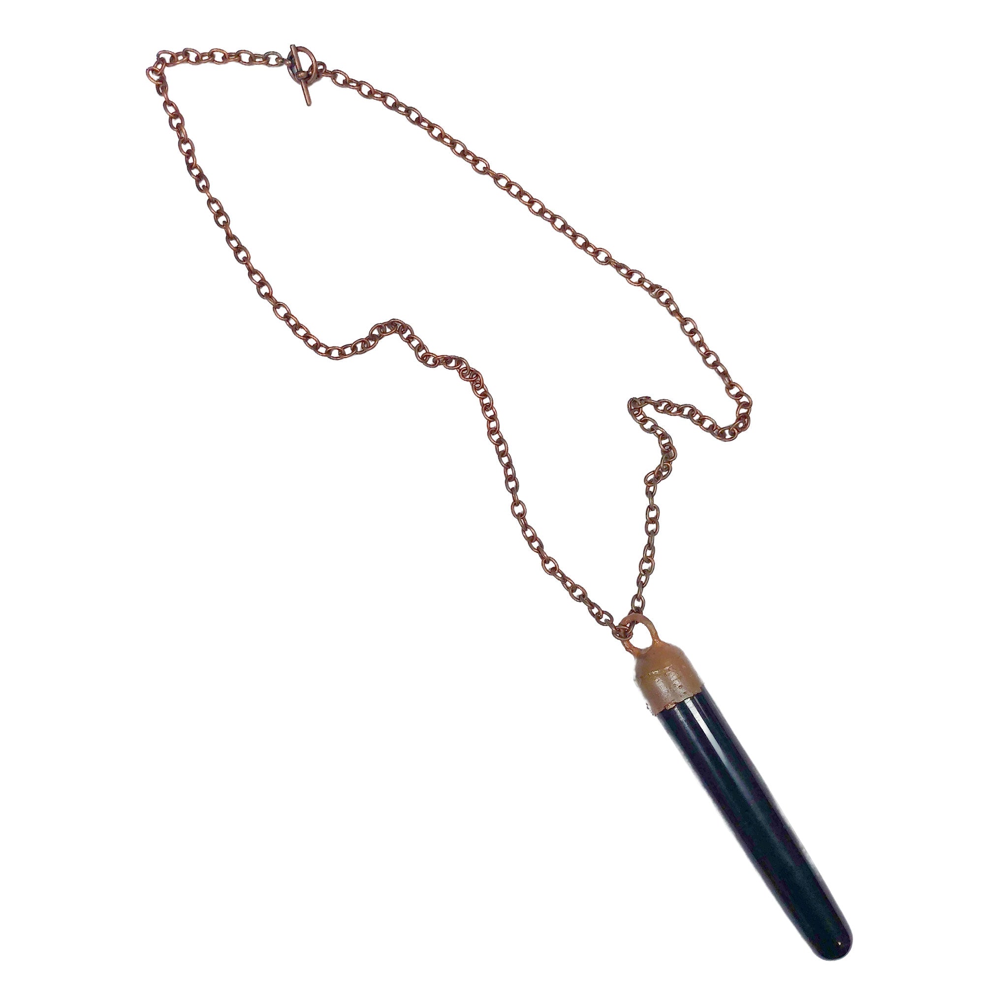 Obsidian volcanic-glass copper copper-chain accessories jewelry spiritual-jewelry necklace stone-jewelry crystal-jewelry wand obsidian-wand pendant toggle-closure finger-sized polished grounding protection transformation massage energy-work healing clarity focus metaphysical release gift unisex black