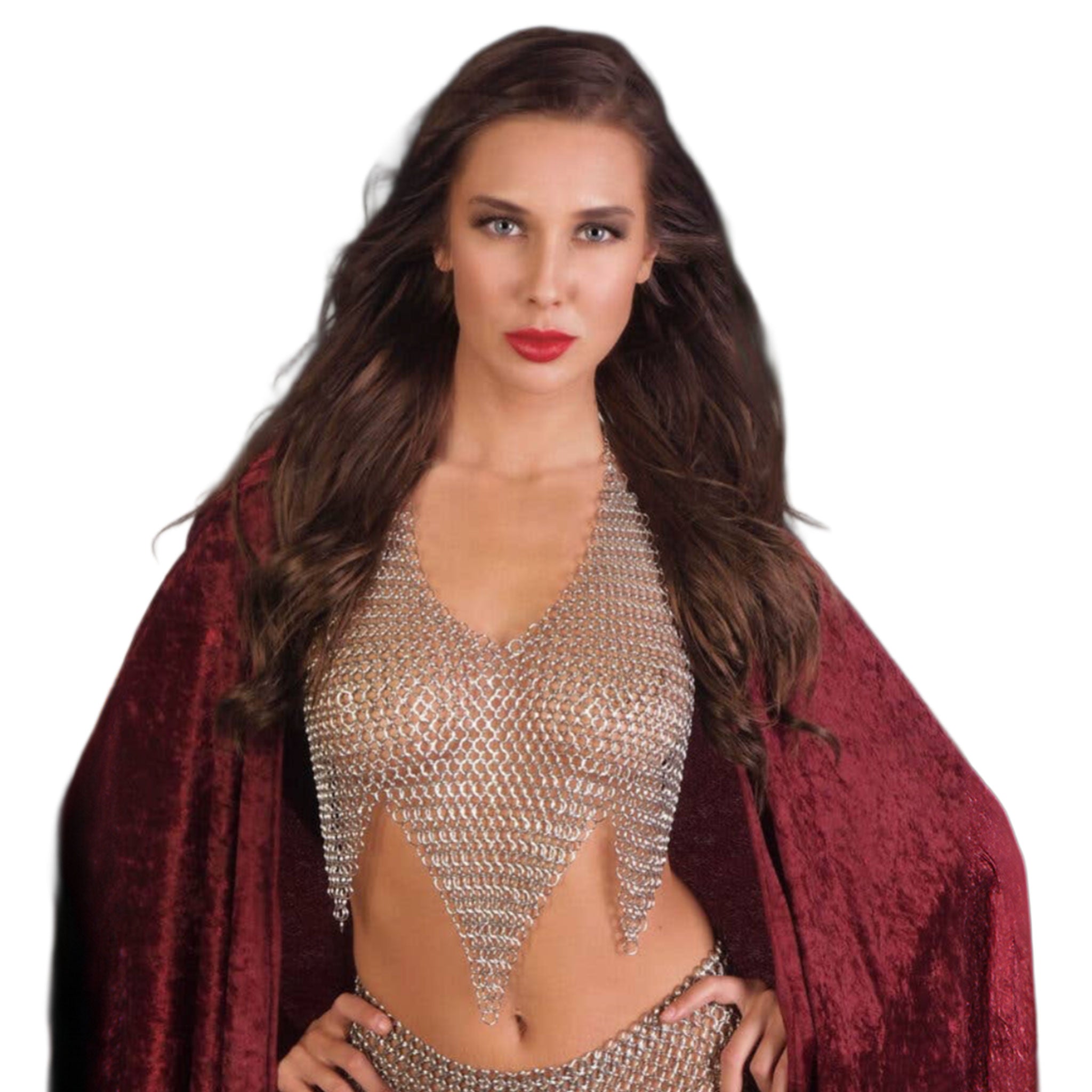 Aluminum metallic chain chainmail apparel top intimate lingerie top halter-top crop-top halter-neck bra apron open-back triangle-top three-points triple-point adjustable closure back hook bold fierce sexy edgy fetish fashion alt-fashion alternative punk goth gothic party-girl rave raver-babe festival bondage bdsm bdsm-fashion kink kinky kinkwear roleplay role-play gorean kajira belly-dancer costume cosplay halloween warrior-woman warrior amazon female femme feminine womens silver
