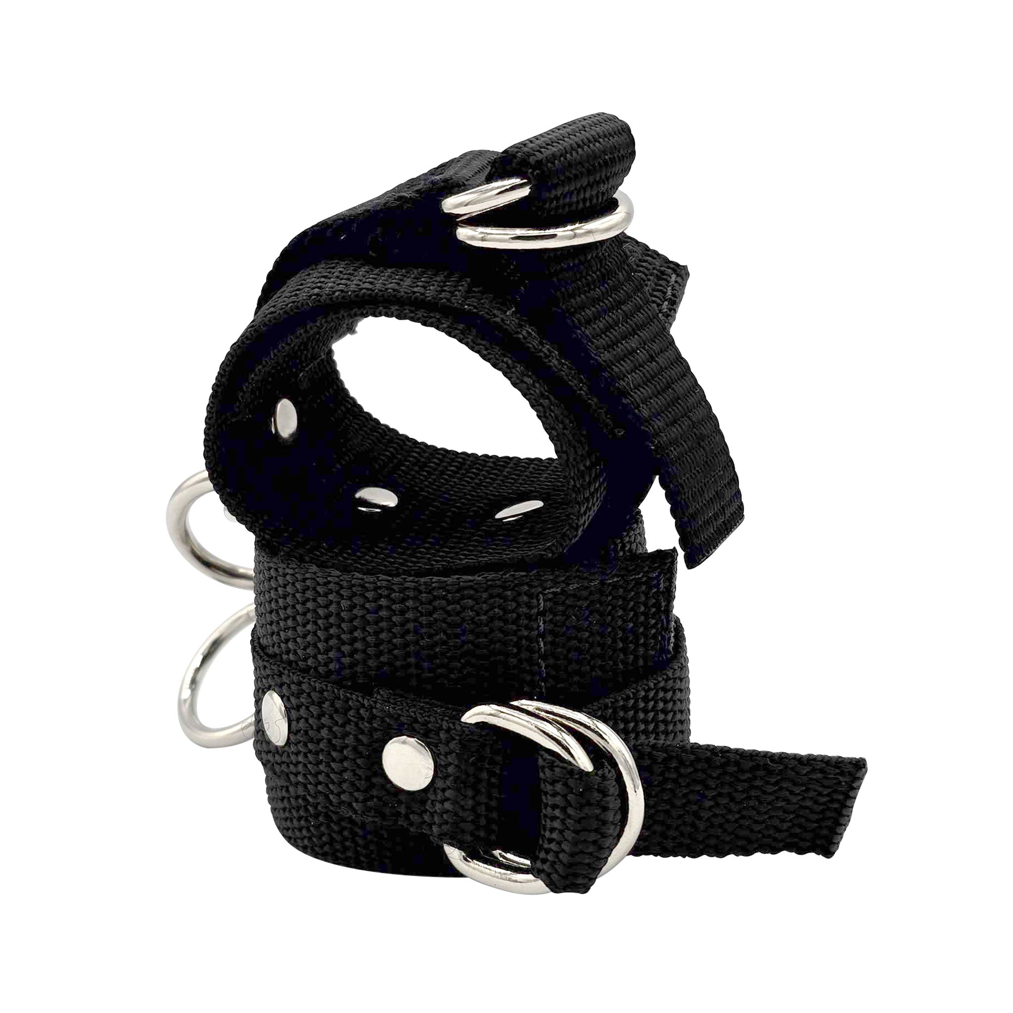 Nylon nylon-webbing O-ring D-ring triangle-ring Vecro restraints wrist-restraints wrist-cuffs comfortable adjustable lightweight versatile durable bdsm bondage bdsm-gear fetish fashion alt-fashion kink kinky kinky-play adult-toys black chrome