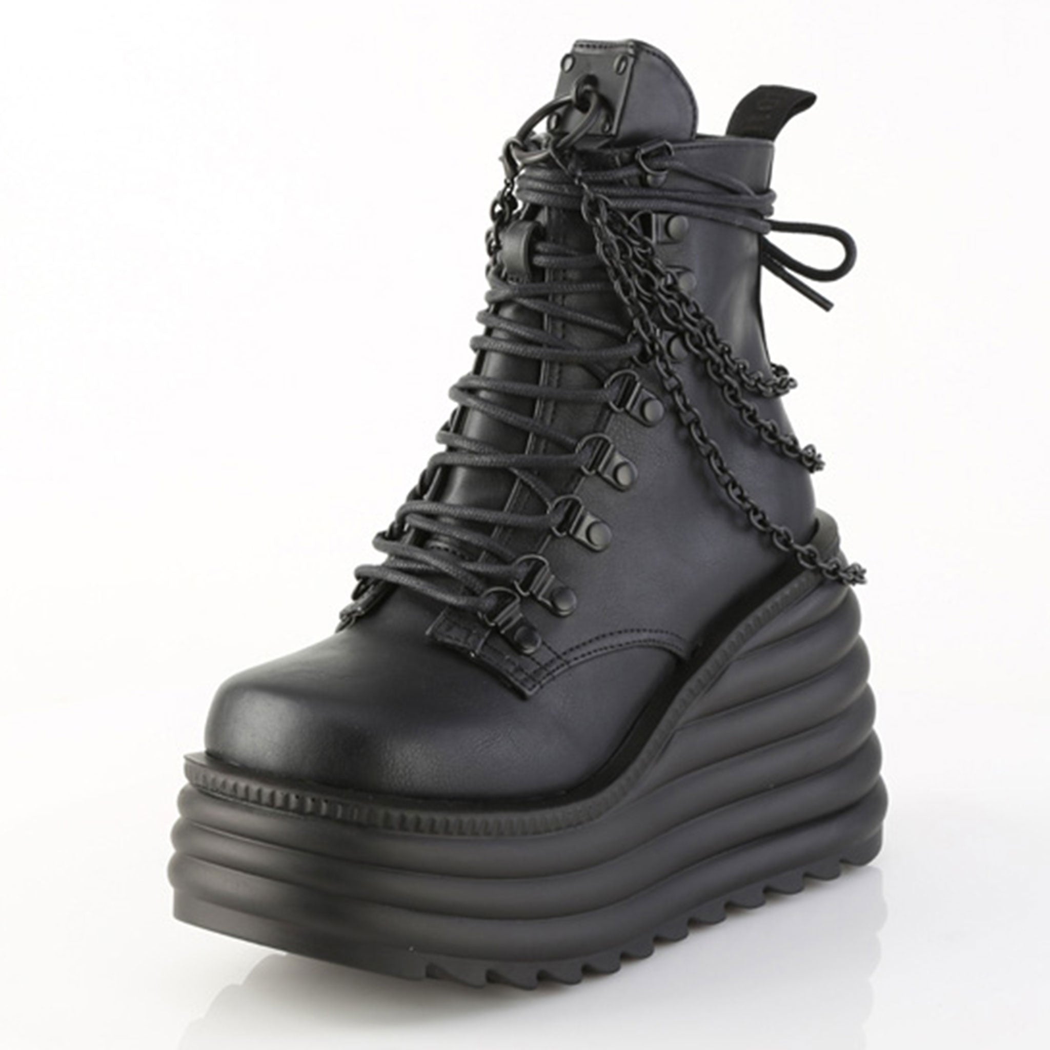 Vegan-leather vegan-friendly foorwear shoes boot ankle-boot wedge platform-wedge cushioned ribbed laceup lace-up laceup-front inside-zip zipper O-ring hanging-chains removable round-toe ultraviolet blacklight black-light UV-light glow-in-the-dark skeleton goth gothic punk rock fetish fashion alt-fashion spooky halloween morte female femme feminine women black purple