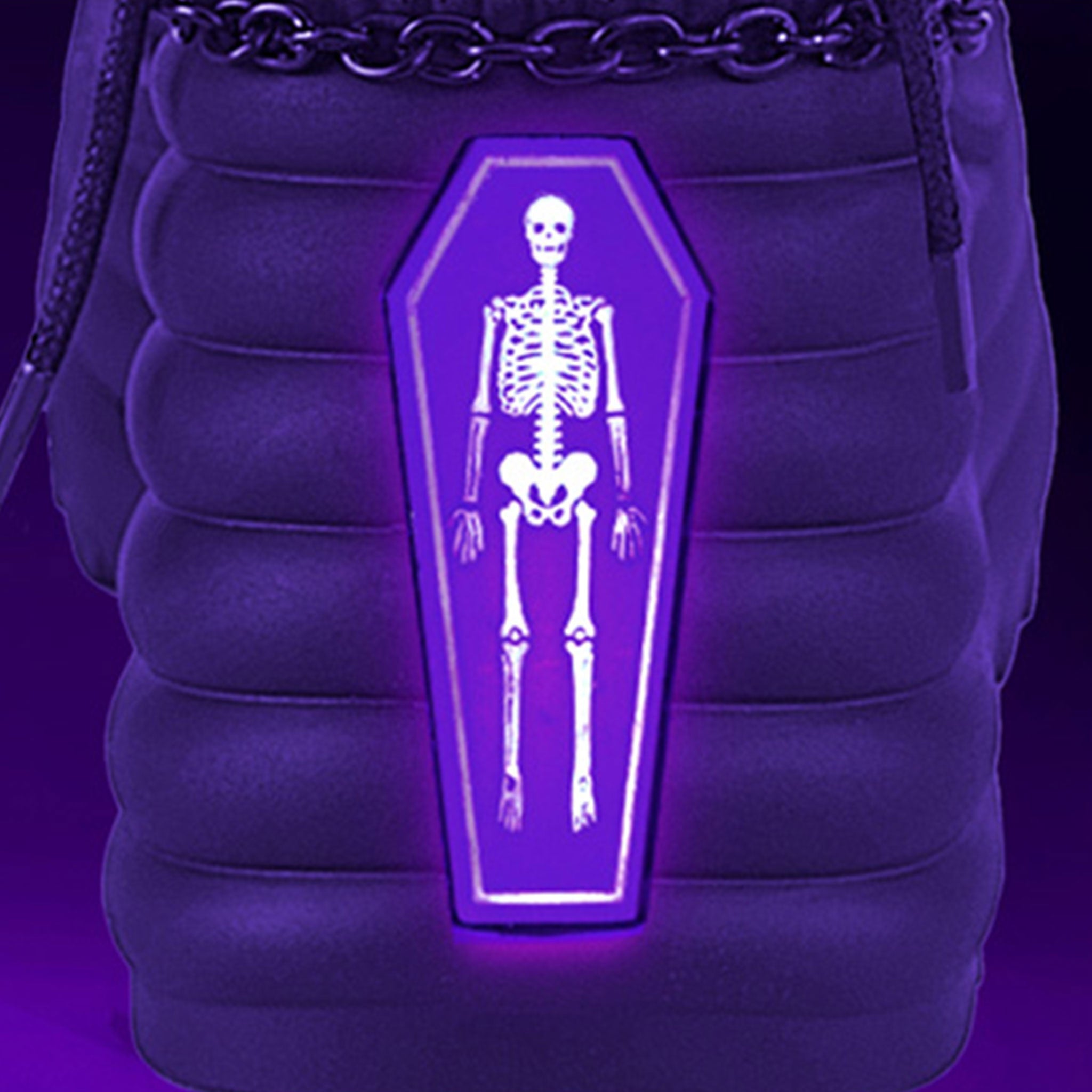 Vegan-leather vegan-friendly foorwear shoes boot ankle-boot wedge platform-wedge cushioned ribbed laceup lace-up laceup-front inside-zip zipper O-ring hanging-chains removable round-toe ultraviolet blacklight black-light UV-light glow-in-the-dark skeleton goth gothic punk rock fetish fashion alt-fashion spooky halloween morte female femme feminine women black purple