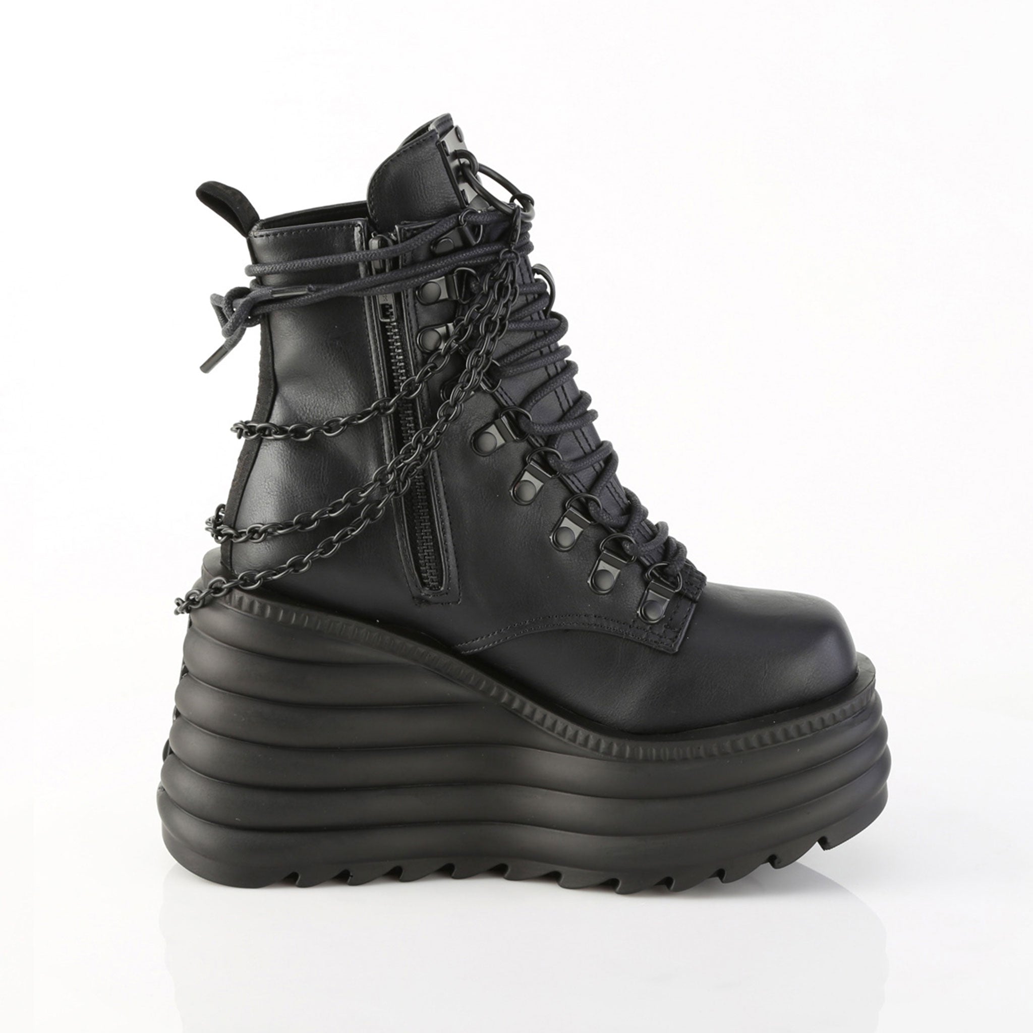 Vegan-leather vegan-friendly foorwear shoes boot ankle-boot wedge platform-wedge cushioned ribbed laceup lace-up laceup-front inside-zip zipper O-ring hanging-chains removable round-toe ultraviolet blacklight black-light UV-light glow-in-the-dark skeleton goth gothic punk rock fetish fashion alt-fashion spooky halloween morte female femme feminine women black purple
