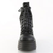 Vegan-leather vegan-friendly foorwear shoes boot ankle-boot wedge platform-wedge cushioned ribbed laceup lace-up laceup-front inside-zip zipper O-ring hanging-chains removable round-toe ultraviolet blacklight black-light UV-light glow-in-the-dark skeleton goth gothic punk rock fetish fashion alt-fashion spooky halloween morte female femme feminine women black purple