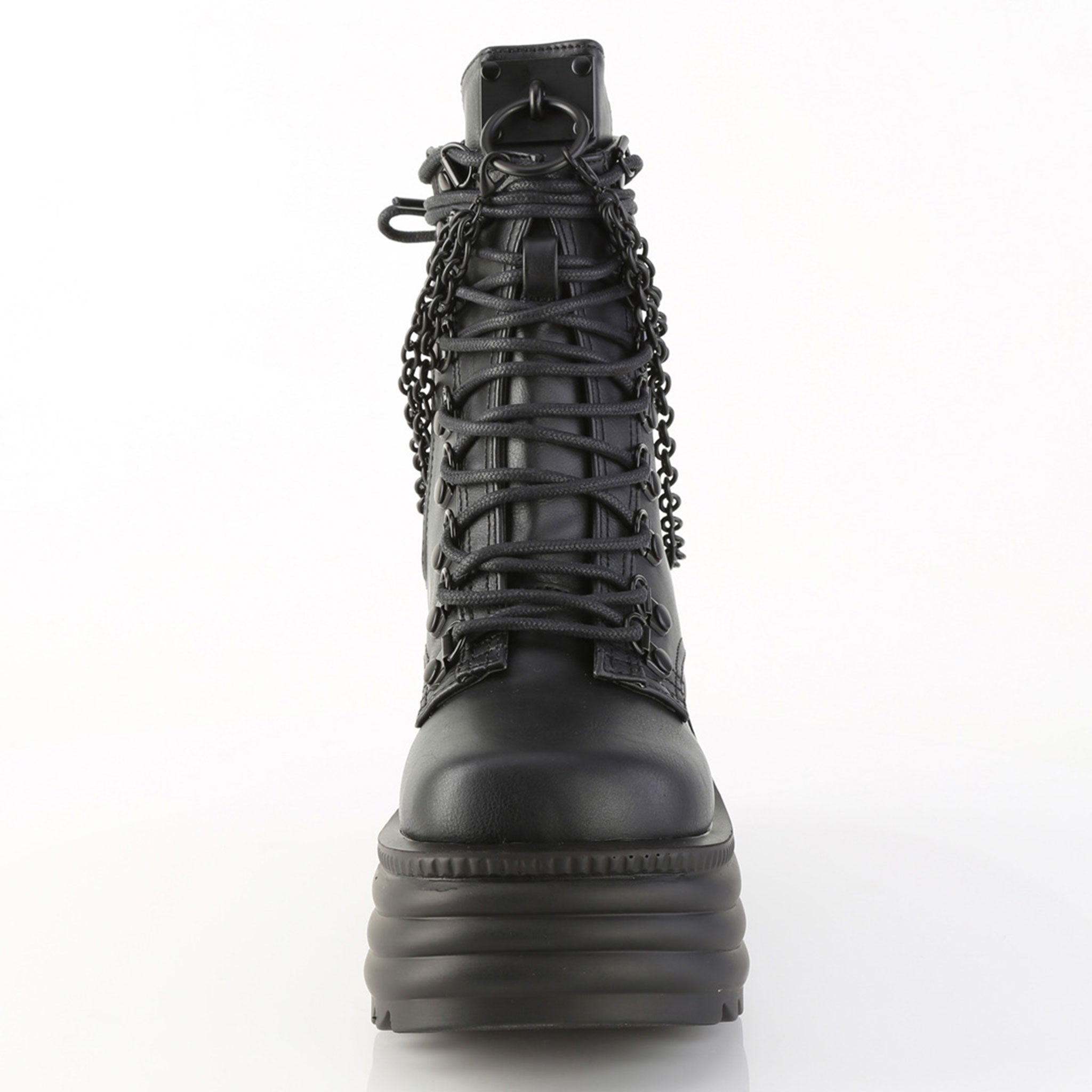 Vegan-leather vegan-friendly foorwear shoes boot ankle-boot wedge platform-wedge cushioned ribbed laceup lace-up laceup-front inside-zip zipper O-ring hanging-chains removable round-toe ultraviolet blacklight black-light UV-light glow-in-the-dark skeleton goth gothic punk rock fetish fashion alt-fashion spooky halloween morte female femme feminine women black purple