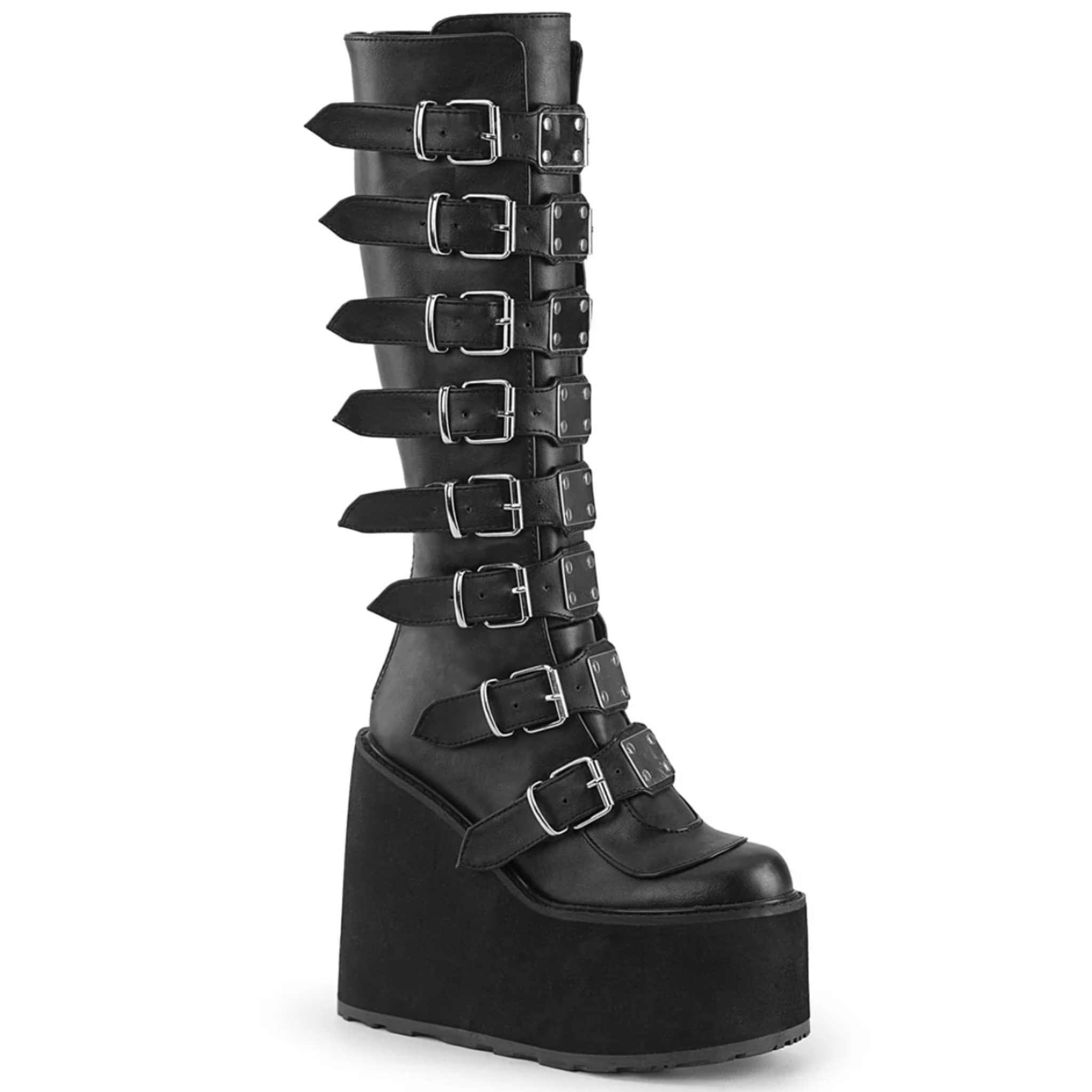 wedge platform gogo boots knee high boots metal plate buckles black vegan leather platform boots 5.5 inch heel gothic punk footwear alternative fashion statement boots edgy clubwear