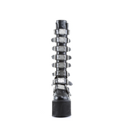 wedge platform gogo boots knee high boots metal plate buckles black vegan leather platform boots 5.5 inch heel gothic punk footwear alternative fashion statement boots edgy clubwear