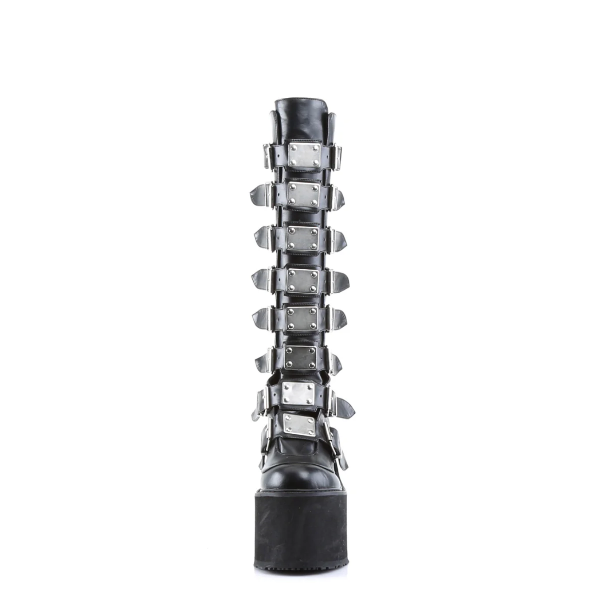 wedge platform gogo boots knee high boots metal plate buckles black vegan leather platform boots 5.5 inch heel gothic punk footwear alternative fashion statement boots edgy clubwear