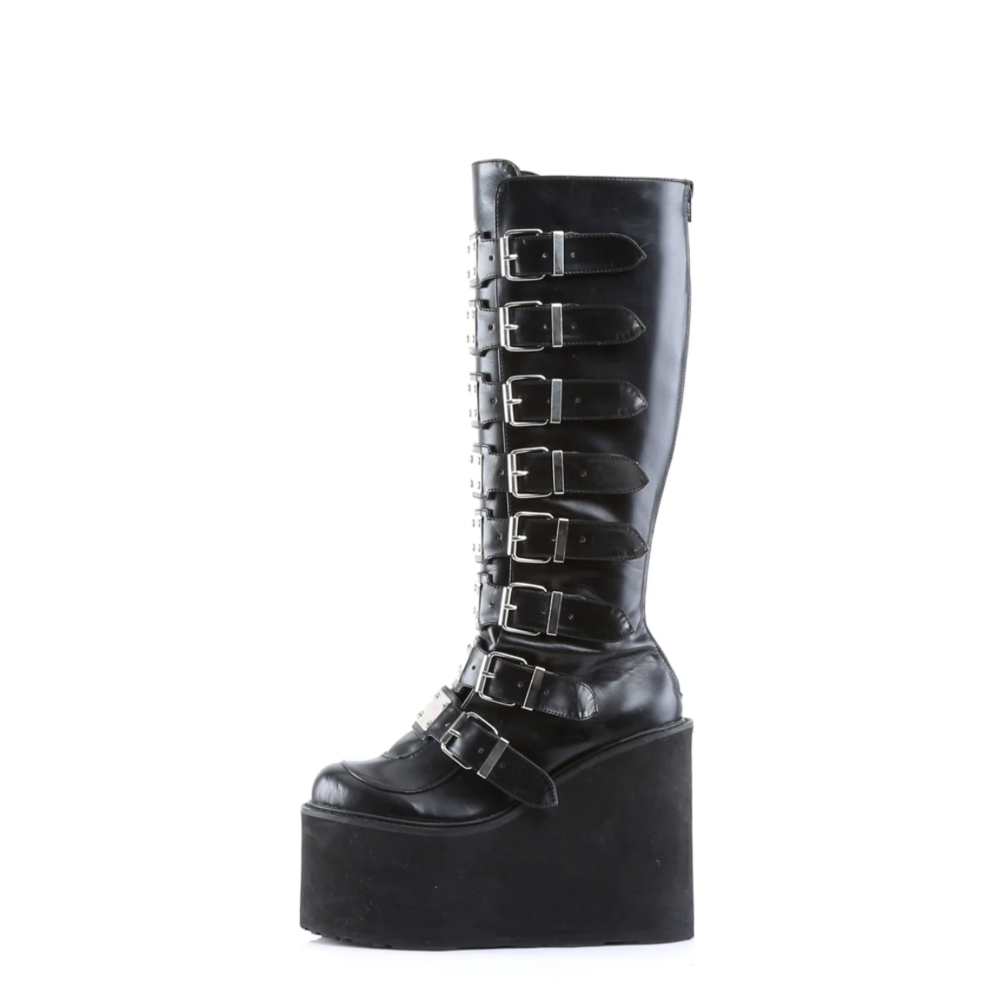 wedge platform gogo boots knee high boots metal plate buckles black vegan leather platform boots 5.5 inch heel gothic punk footwear alternative fashion statement boots edgy clubwear