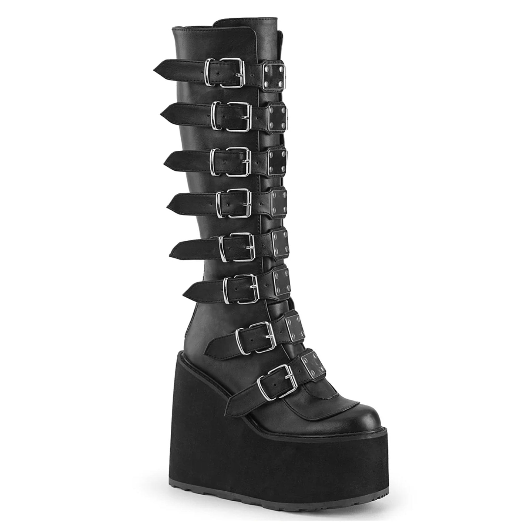 Leather vegan-leather textile-midsole synthetic-outsole accessories footwear shoes boots gogo-boots platform-heel wedge-platform platform-boots knee-high knee-hi metal-plate buckle-detail zipper full-zip back-zip adjustable buckle towering bold shiny glossy edgy fetish fashion alt-fashion alternative goth gothic goth-doll punk cyber cyberpunk ravewear raver-babe festivalwear clubwear costume cosplay halloween female femme feminine womens black