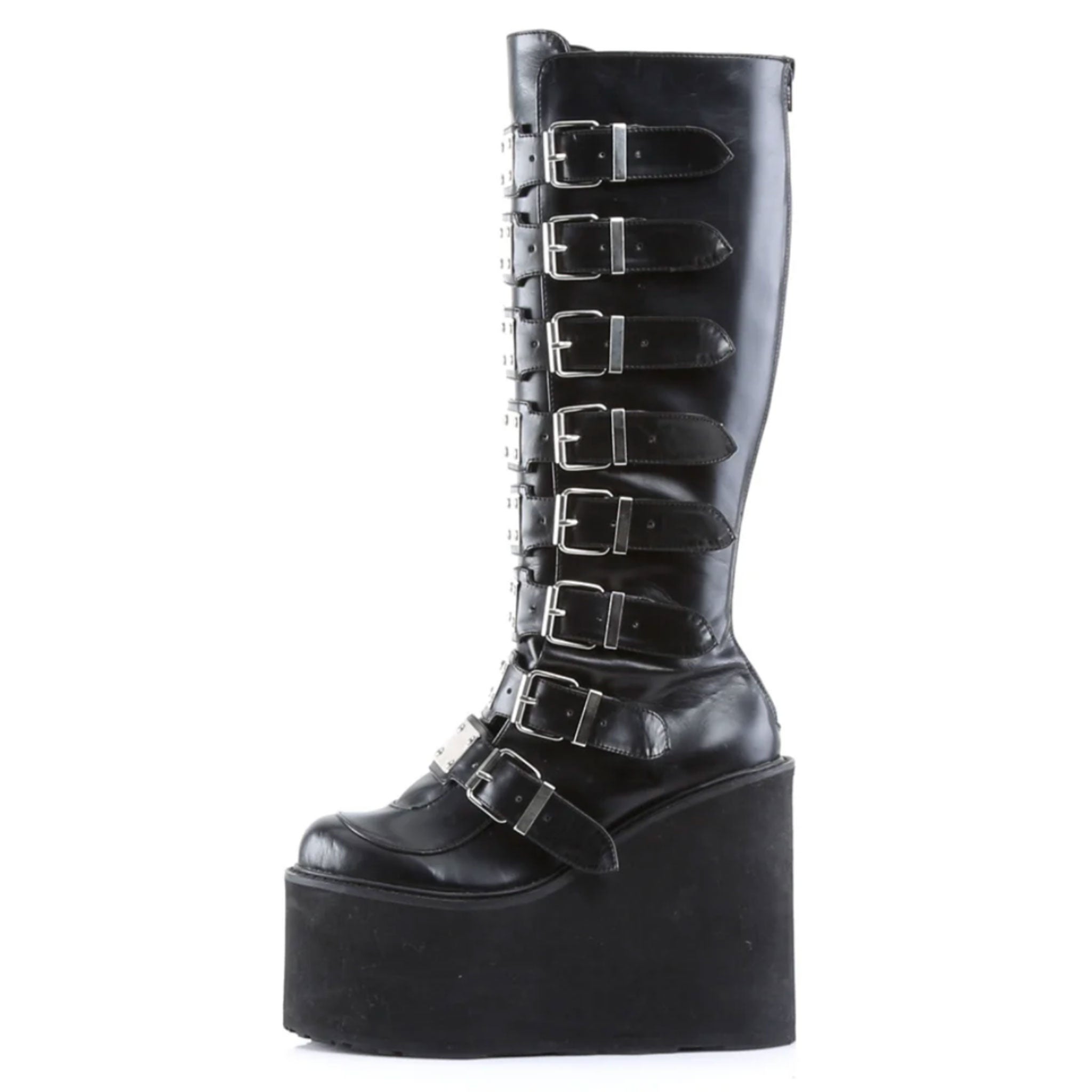 Leather vegan-leather textile-midsole synthetic-outsole accessories footwear shoes boots gogo-boots platform-heel wedge-platform platform-boots knee-high knee-hi metal-plate buckle-detail zipper full-zip back-zip adjustable buckle towering bold shiny glossy edgy fetish fashion alt-fashion alternative goth gothic goth-doll punk cyber cyberpunk ravewear raver-babe festivalwear clubwear costume cosplay halloween female femme feminine womens black