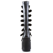 Leather vegan-leather textile-midsole synthetic-outsole accessories footwear shoes boots gogo-boots platform-heel wedge-platform platform-boots knee-high knee-hi metal-plate buckle-detail zipper full-zip back-zip adjustable buckle towering bold shiny glossy edgy fetish fashion alt-fashion alternative goth gothic goth-doll punk cyber cyberpunk ravewear raver-babe festivalwear clubwear costume cosplay halloween female femme feminine womens black