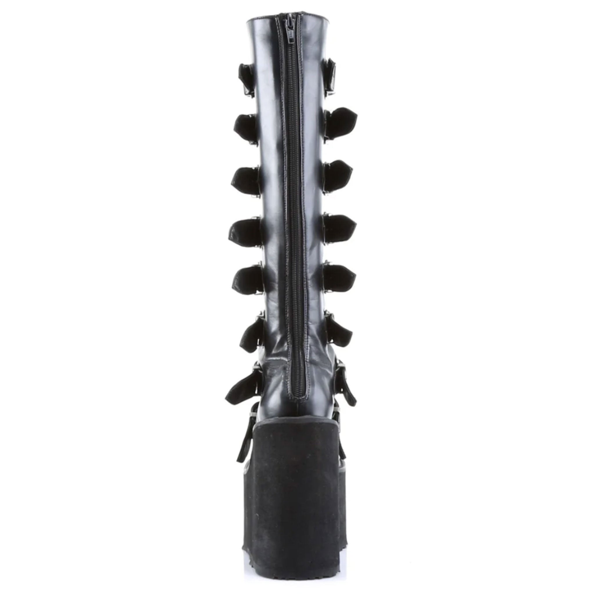 Leather vegan-leather textile-midsole synthetic-outsole accessories footwear shoes boots gogo-boots platform-heel wedge-platform platform-boots knee-high knee-hi metal-plate buckle-detail zipper full-zip back-zip adjustable buckle towering bold shiny glossy edgy fetish fashion alt-fashion alternative goth gothic goth-doll punk cyber cyberpunk ravewear raver-babe festivalwear clubwear costume cosplay halloween female femme feminine womens black