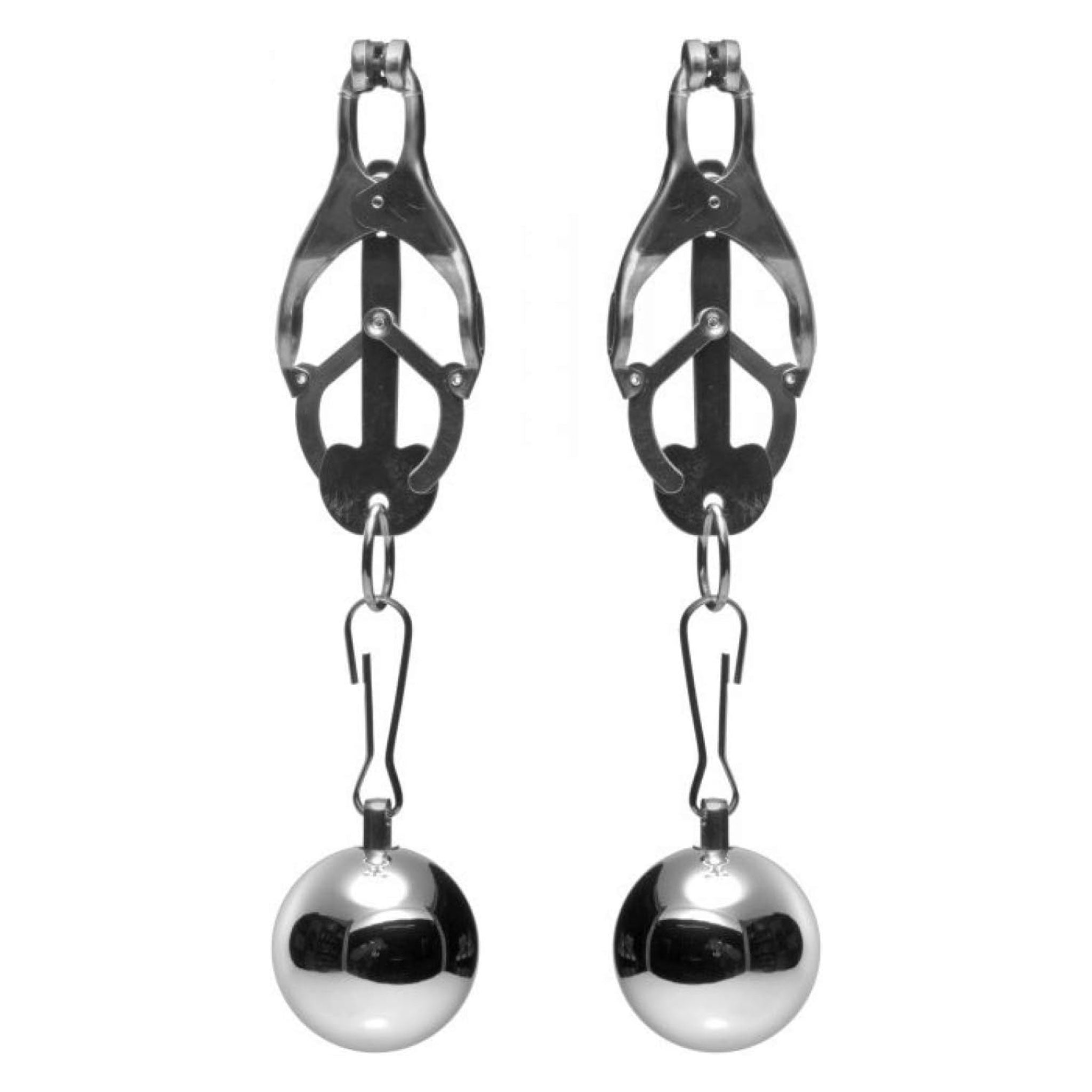 Metal metallic alloy nipple clamps nipple-clamps japanese japanese-style clover butterfly weights weighted ball nipple-play kink kinky kinky-play bondage bdsm bdsm-gear adult-toys extreme silver gray 