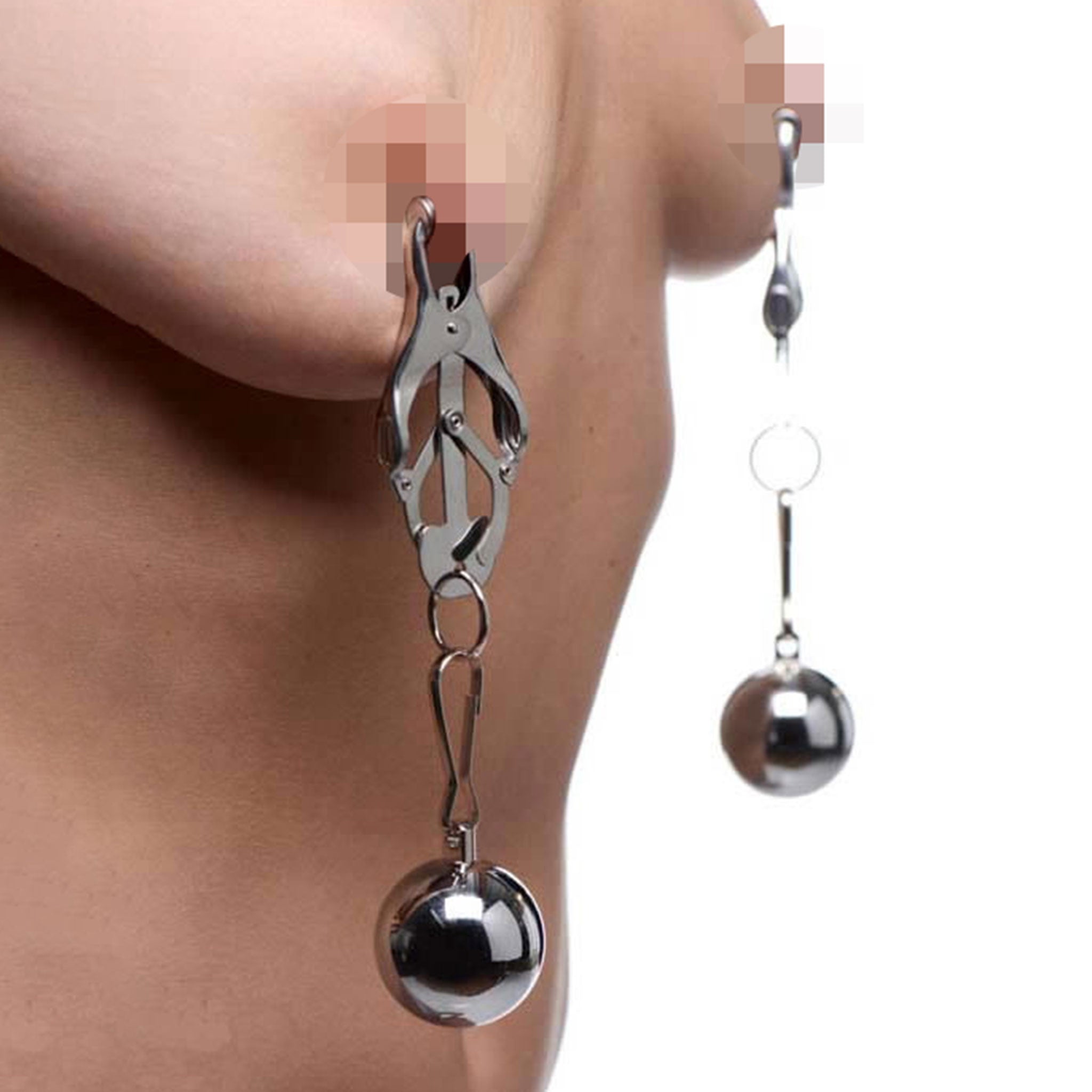 Metal metallic alloy nipple clamps nipple-clamps japanese japanese-style clover butterfly weights weighted ball nipple-play kink kinky kinky-play bondage bdsm bdsm-gear adult-toys extreme silver gray 