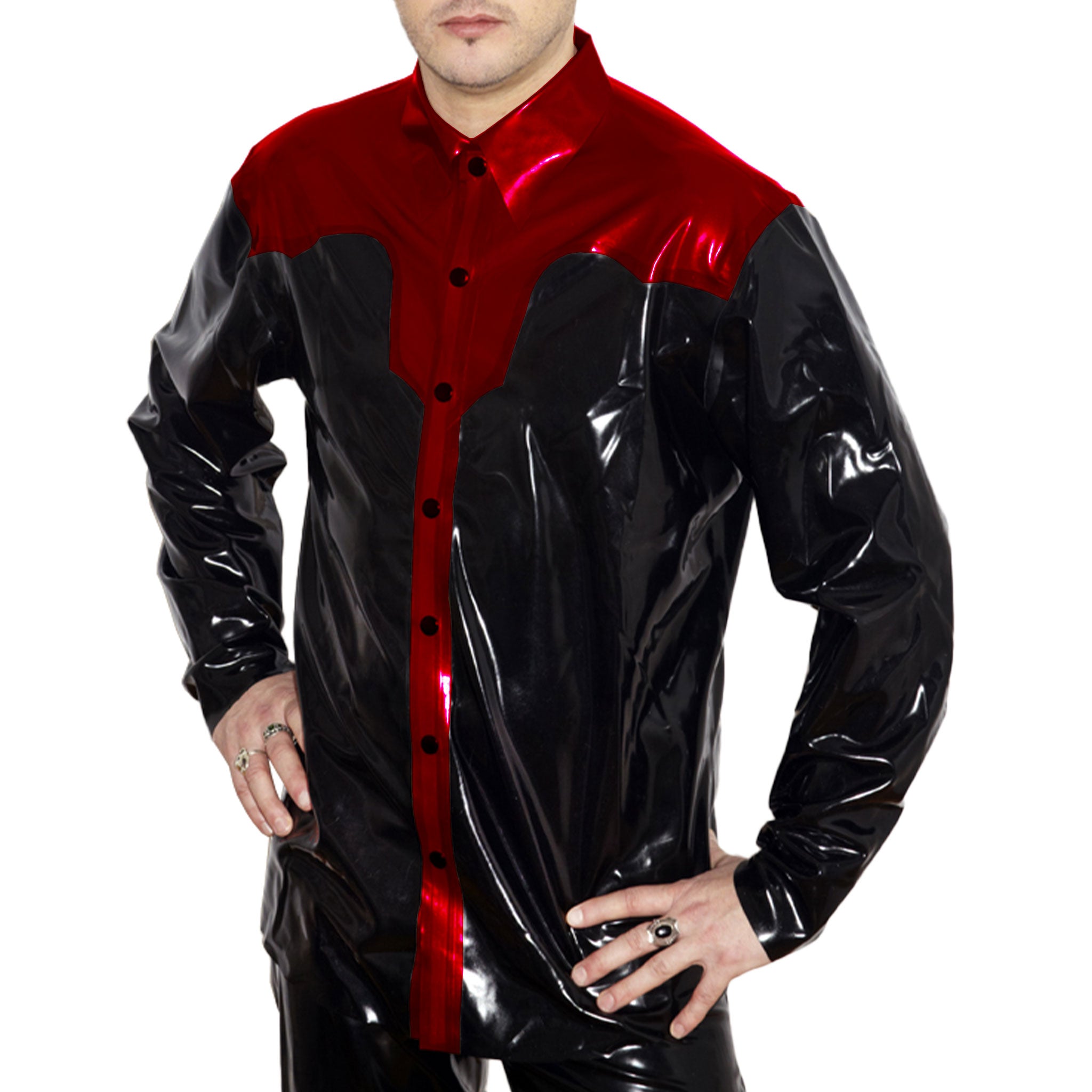 western style latex shirt, long sleeve latex top, snap button latex shirt, natural latex sheeting western shirt, Fetish Factory latex fashion