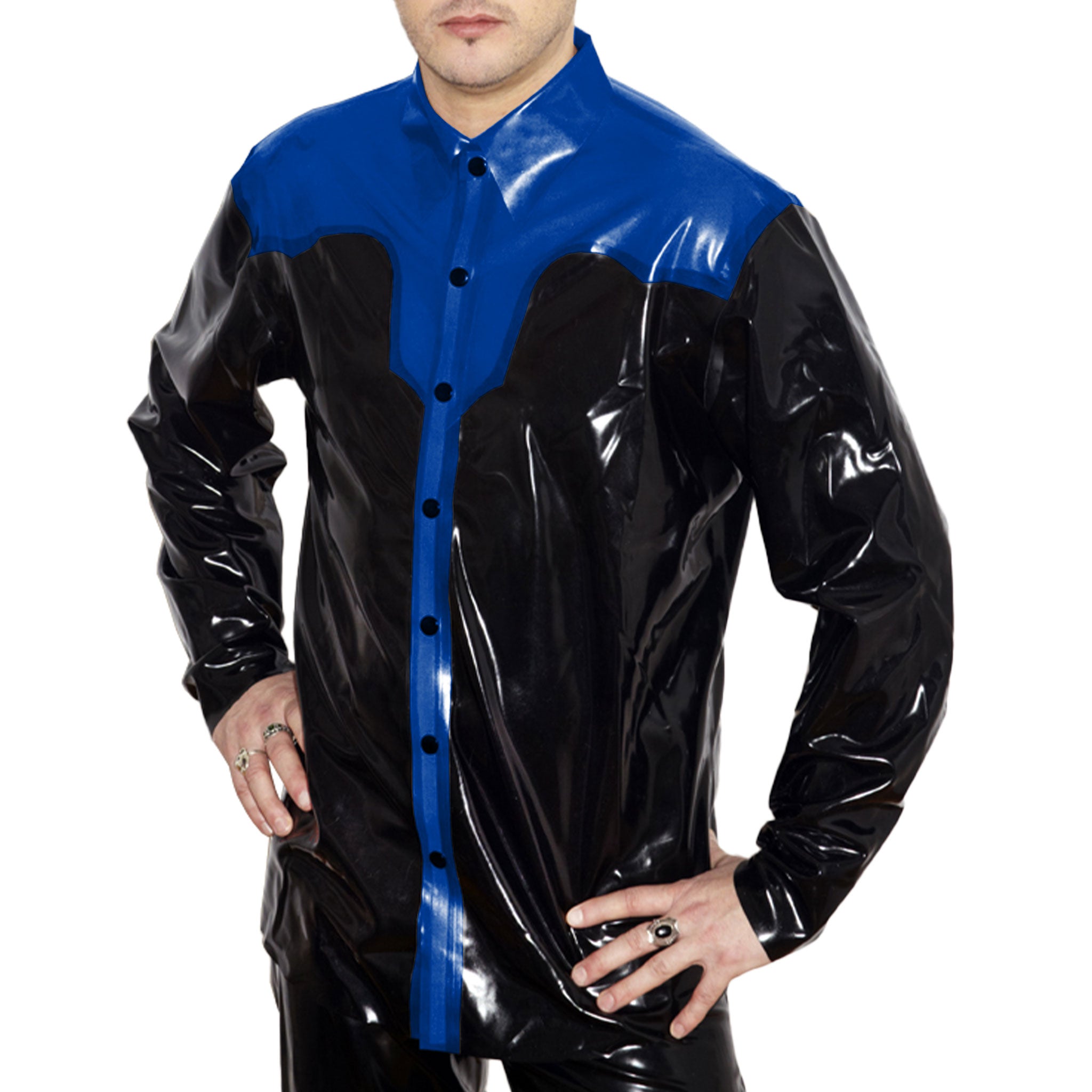 western style latex shirt, long sleeve latex top, snap button latex shirt, natural latex sheeting western shirt, Fetish Factory latex fashion