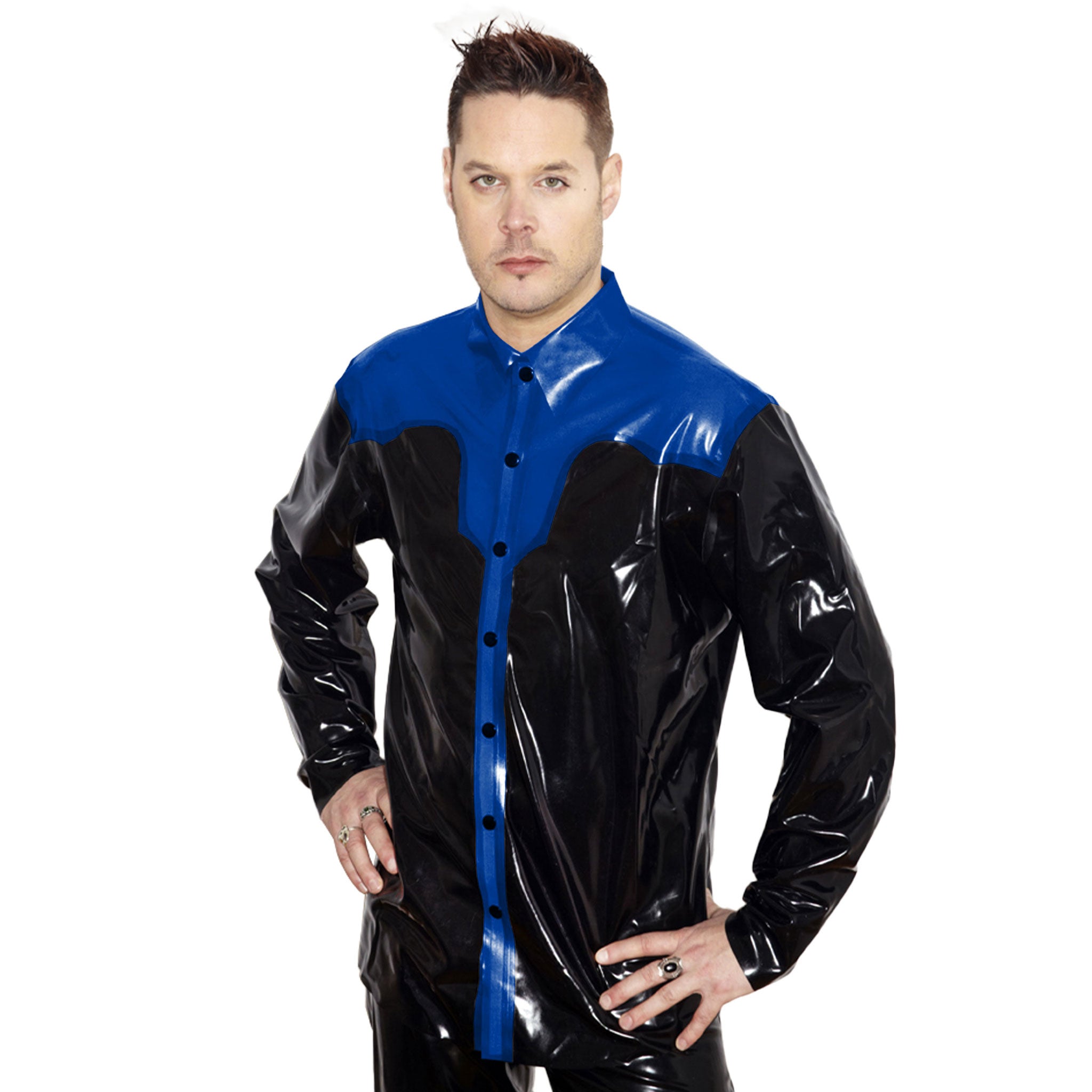 Latex rubber natural-latex latex-sheeting apparel tops shirt long-sleeve long sleeve sleeves sleeved snap-button press-stud front-closure button-placket shiny glossy sleek fitted fetish fashion alt-fashion alternative western country rodeo clubwear kink kinky kinkwear costume cosplay halloween cowboy male masculine masc mens menswear guys dudes black blue