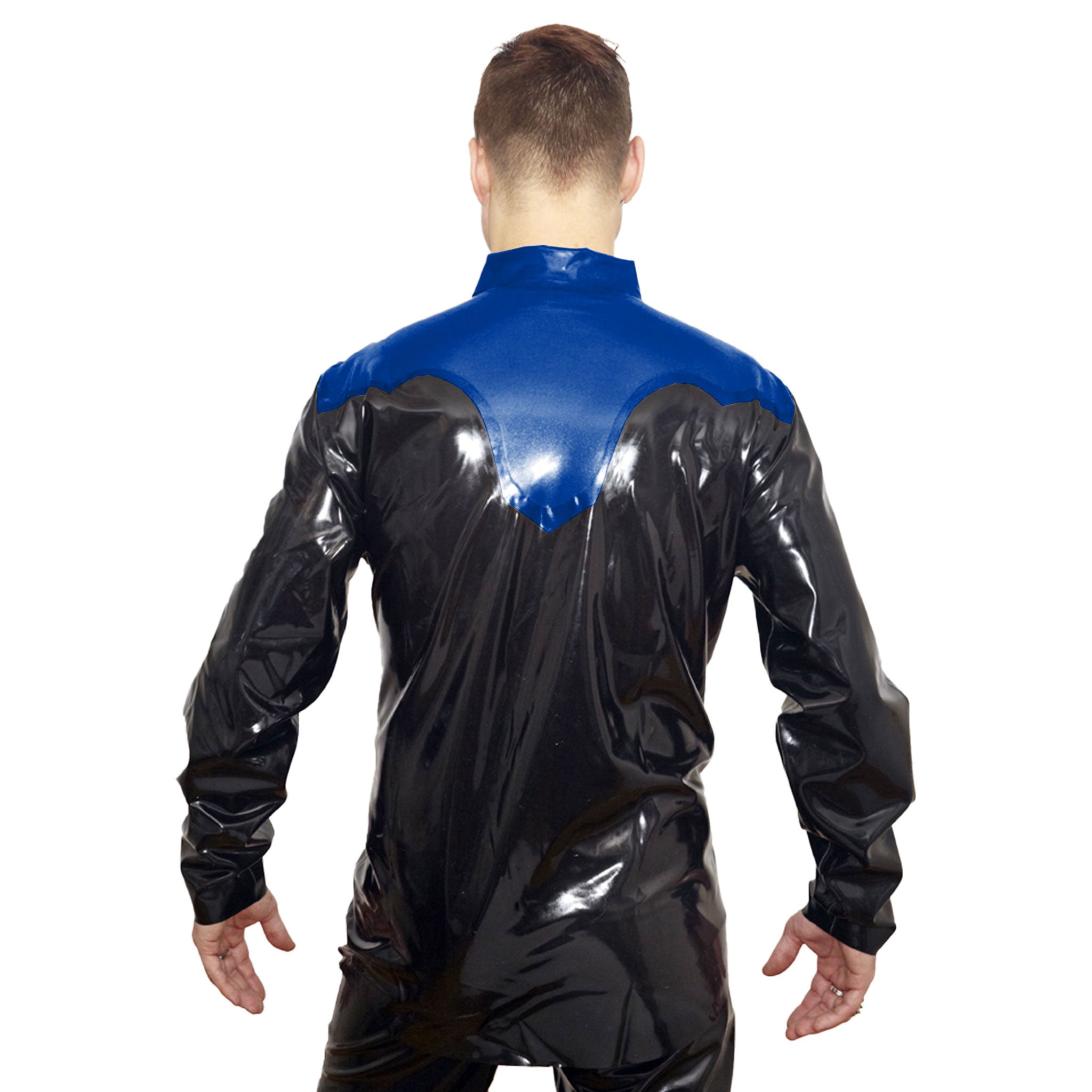 Latex rubber natural-latex latex-sheeting apparel tops shirt long-sleeve long sleeve sleeves sleeved snap-button press-stud front-closure button-placket shiny glossy sleek fitted fetish fashion alt-fashion alternative western country rodeo clubwear kink kinky kinkwear costume cosplay halloween cowboy male masculine masc mens menswear guys dudes black blue