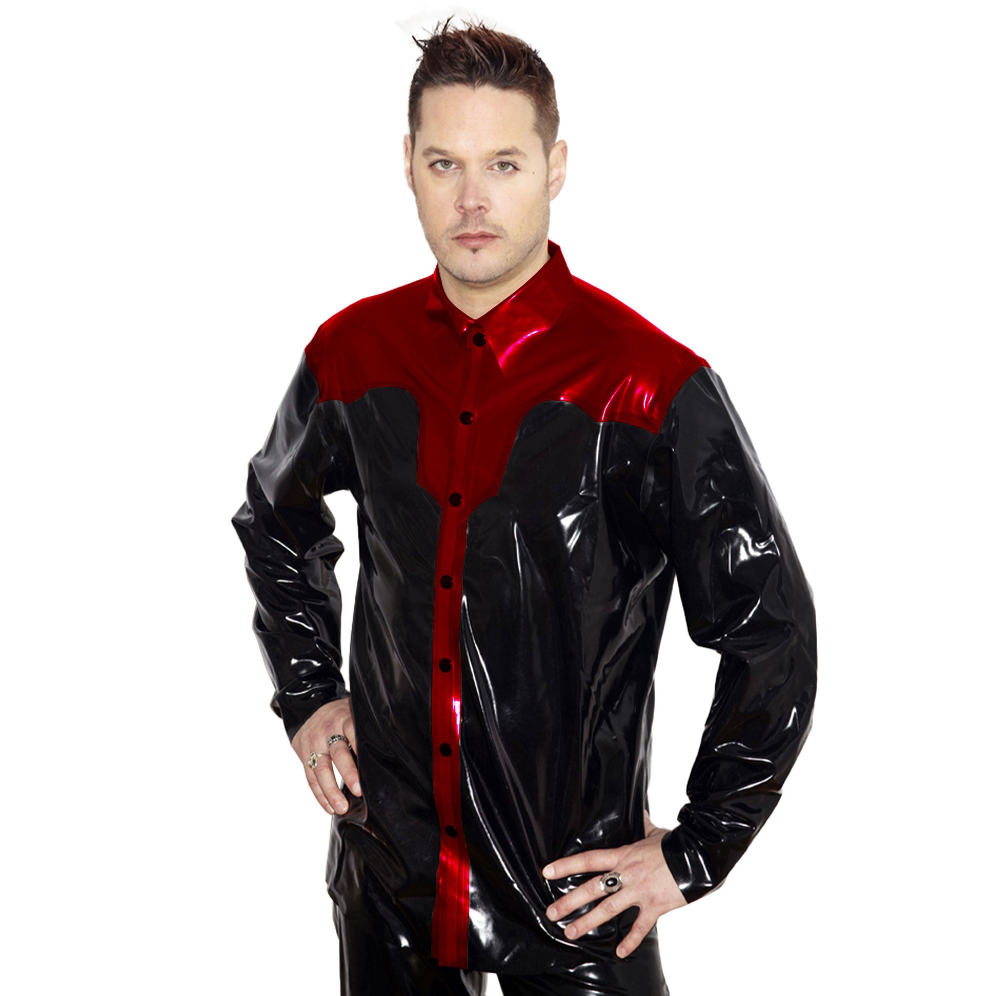 Latex rubber natural-latex latex-sheeting apparel tops shirt long-sleeve long sleeve sleeves sleeved snap-button press-stud front-closure button-placket shiny glossy sleek fitted fetish fashion alt-fashion alternative western country rodeo clubwear kink kinky kinkwear costume cosplay halloween cowboy male masculine masc mens menswear guys dudes black red 