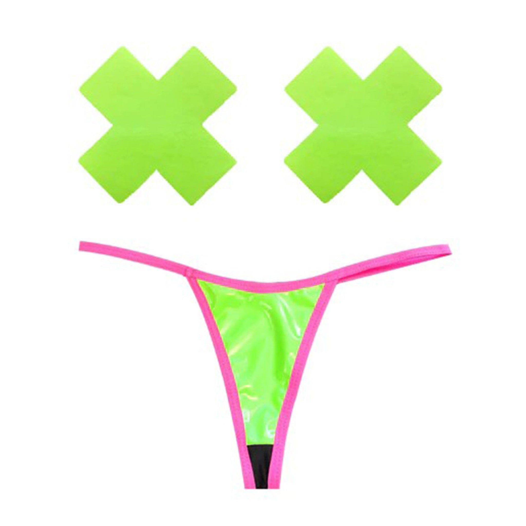 Latex intimates lingerie lingerie-set 3-pc 3-piece three-piece pasties x-shaped thong gstring g-string t-back panty panties easy-peasy women womens female feminine femme cyber halloween green pink