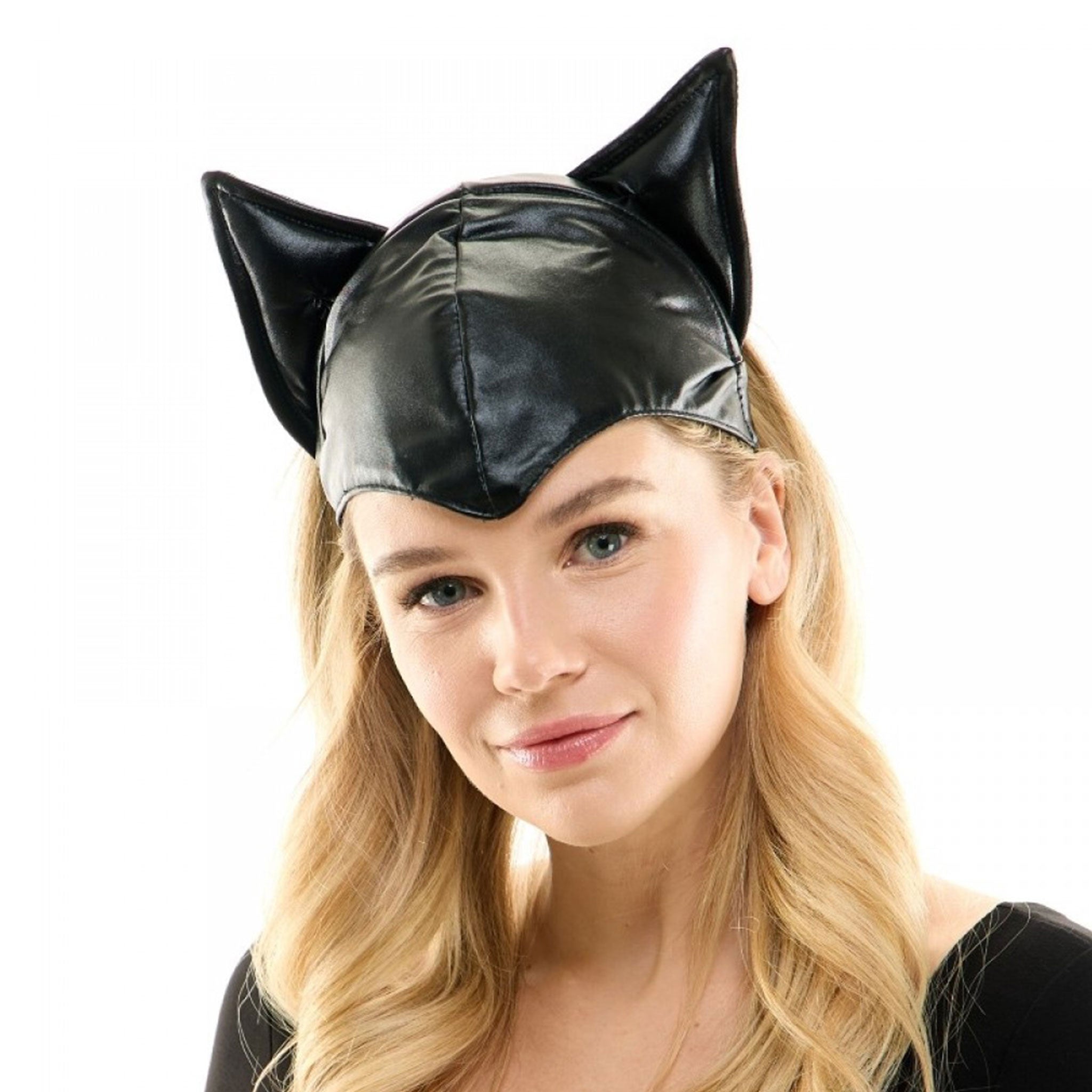Wetlook leather faux-leather plastic satin accessories costume-accessories headgear headband hairband ears cat-ears widows-peak flexible glossy matte-glossy bondage bdsm bdsm-gear bdsm-play kink kinky kinkwear kinky-play animal cat kitty kitten costume cosplay halloween catwoman unisex black