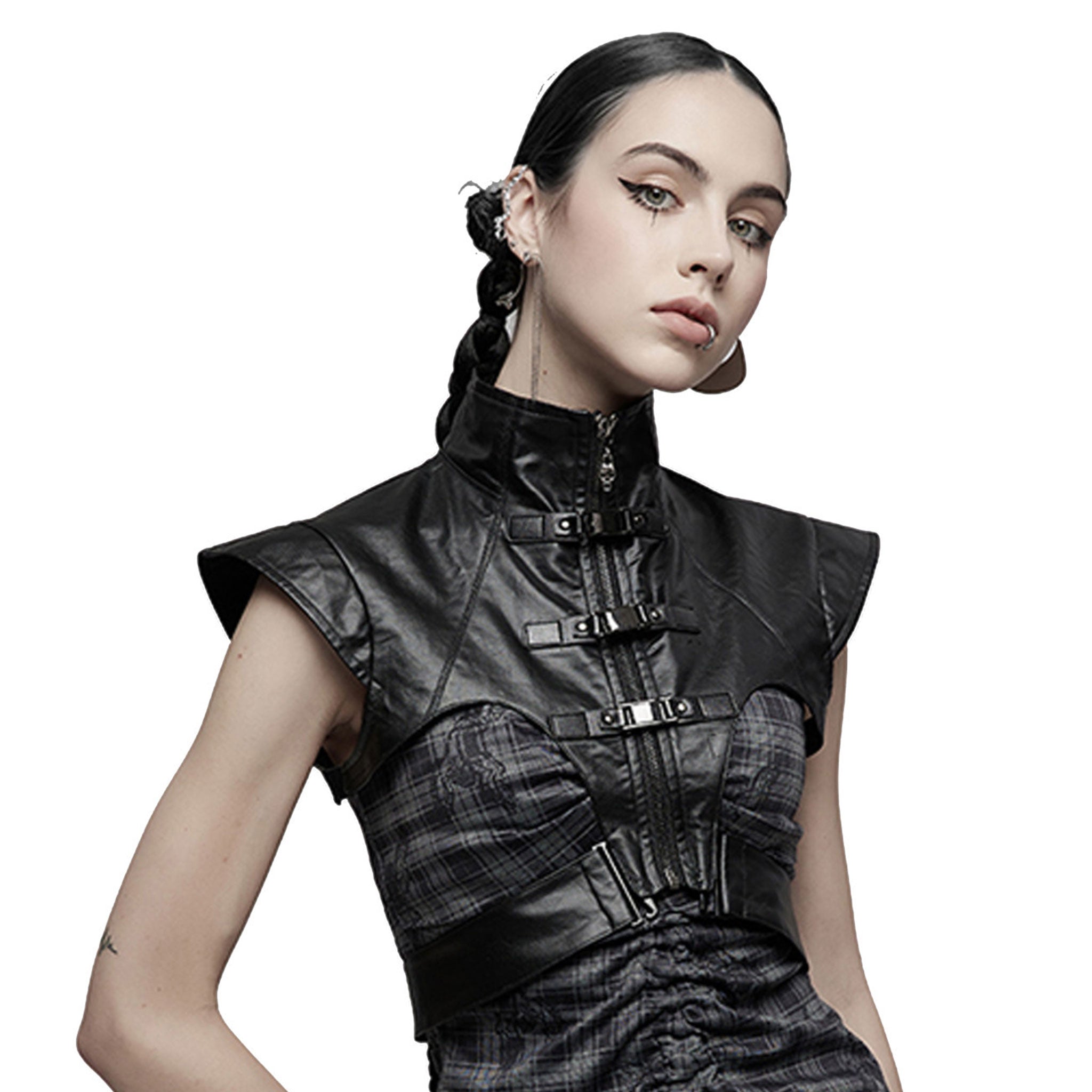Cotton polyurethane polyester elastane gunmetal apparel top vest shoulder-vest sleeveless exposed-arms wide-shoulders standing-collar cabinet-zip zipper waist-strap swanhook snap-button press-stud sexy bold edgy comfortable lightweight fetish fashion alt-fashion punk goth gothic goth-doll cybergoth cyberpunk cyber-punk cyber-goth bondage bdsm bdsm-gear bdsm-fashion costume cosplay halloween halloween-couture female femme feminine womens black