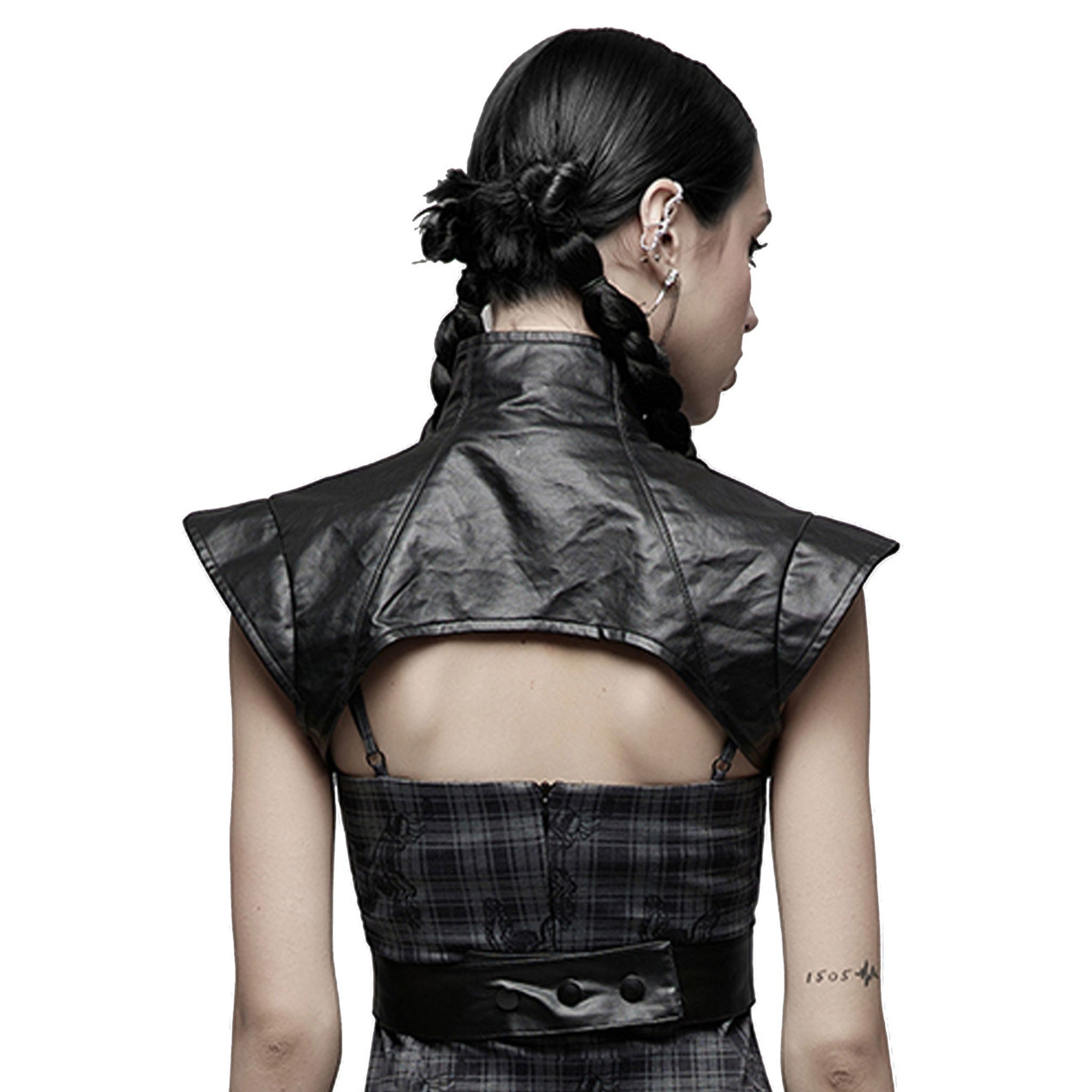 Cotton polyurethane polyester elastane gunmetal apparel top vest shoulder-vest sleeveless exposed-arms wide-shoulders standing-collar cabinet-zip zipper waist-strap swanhook snap-button press-stud sexy bold edgy comfortable lightweight fetish fashion alt-fashion punk goth gothic goth-doll cybergoth cyberpunk cyber-punk cyber-goth bondage bdsm bdsm-gear bdsm-fashion costume cosplay halloween halloween-couture female femme feminine womens black
