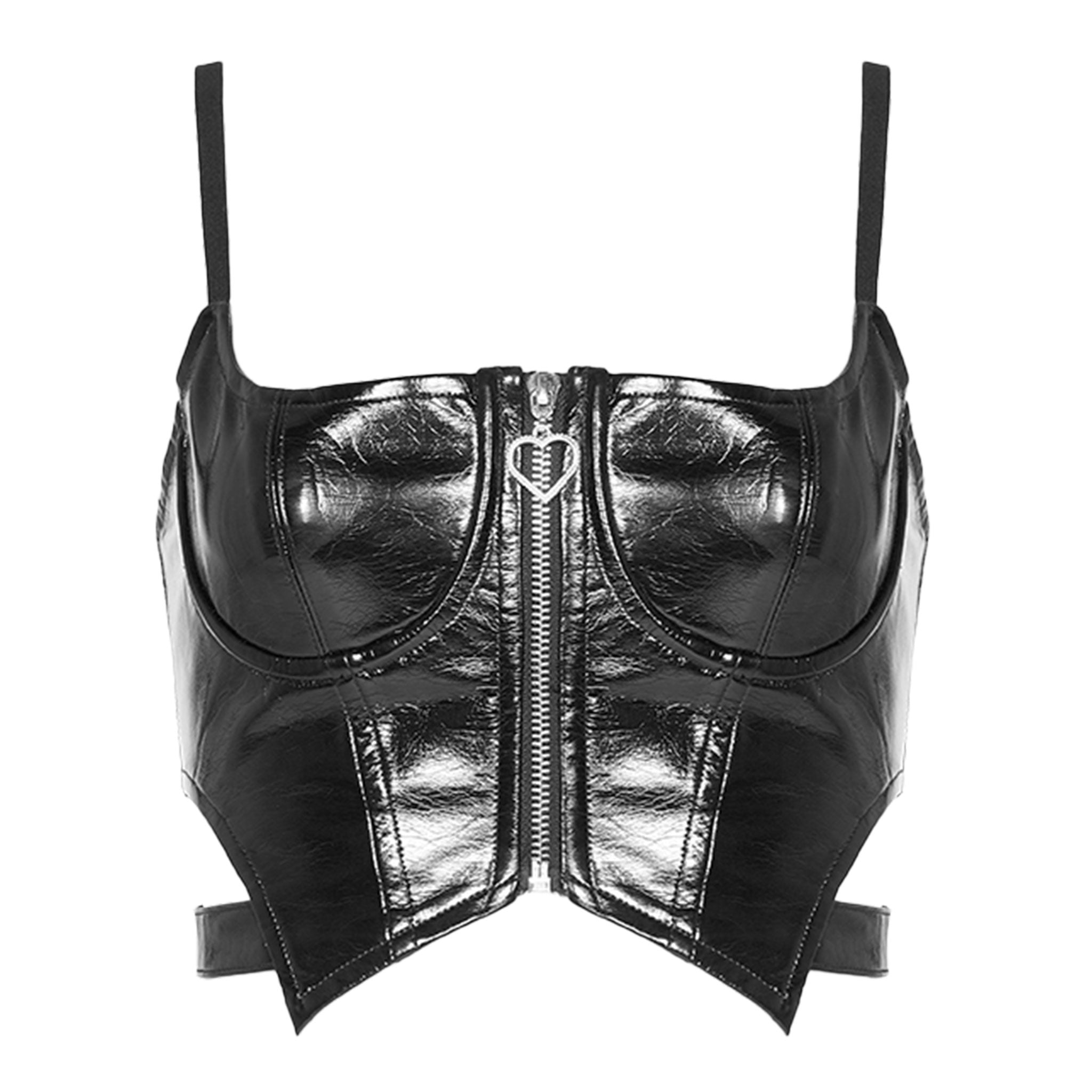 Polyurethane viscose polyester elastane cotton Spandex wetlook wetlook-fabric apparel tops bustier sleeveless elasticated-panel front-zip zipper spaghetti-straps cutout cut-out adjustable heart-zip comfortable stylish shiny glossy stylish fetish fashion alt-fashion rave ravewear raver-bae clubbing clubwear female femme feminine womens black