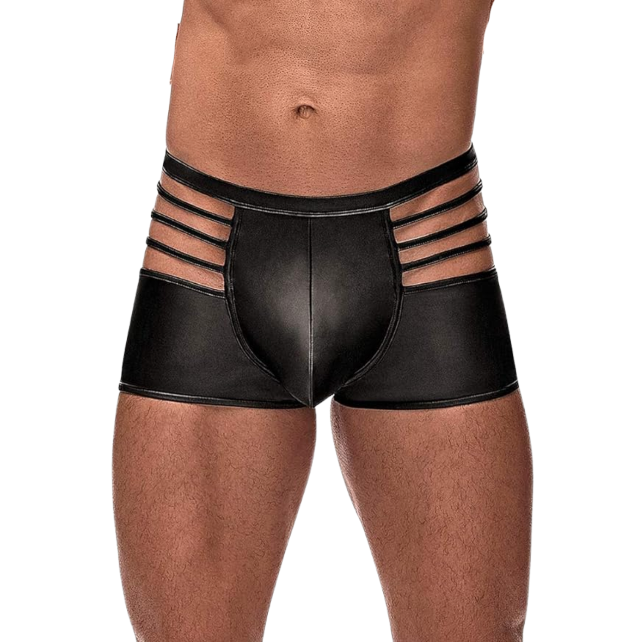 wetlook cage shorts, men's fetish pouch shorts, cutout pouch wetlook underwear, matte stretch spandex shorts, clubwear men's cutout shorts, sexy male fetish shorts
