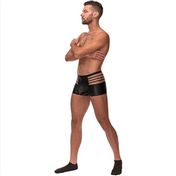 wetlook cage shorts, men's fetish pouch shorts, cutout pouch wetlook underwear, matte stretch spandex shorts, clubwear men's cutout shorts, sexy male fetish shorts
