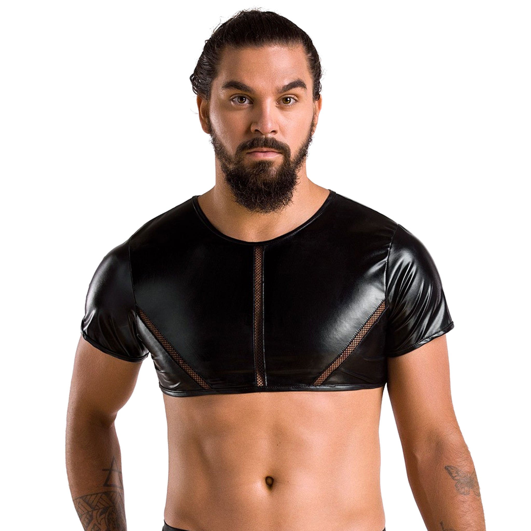 Wetlook polyester polyamide elastane mesh sheer transparent fishnet fish-net top shirt croptop crop-top insert fitted shiny relaxing stylish erotic exposing ventilated flexible comfortable sensual male masculine masc mens dudes guys black