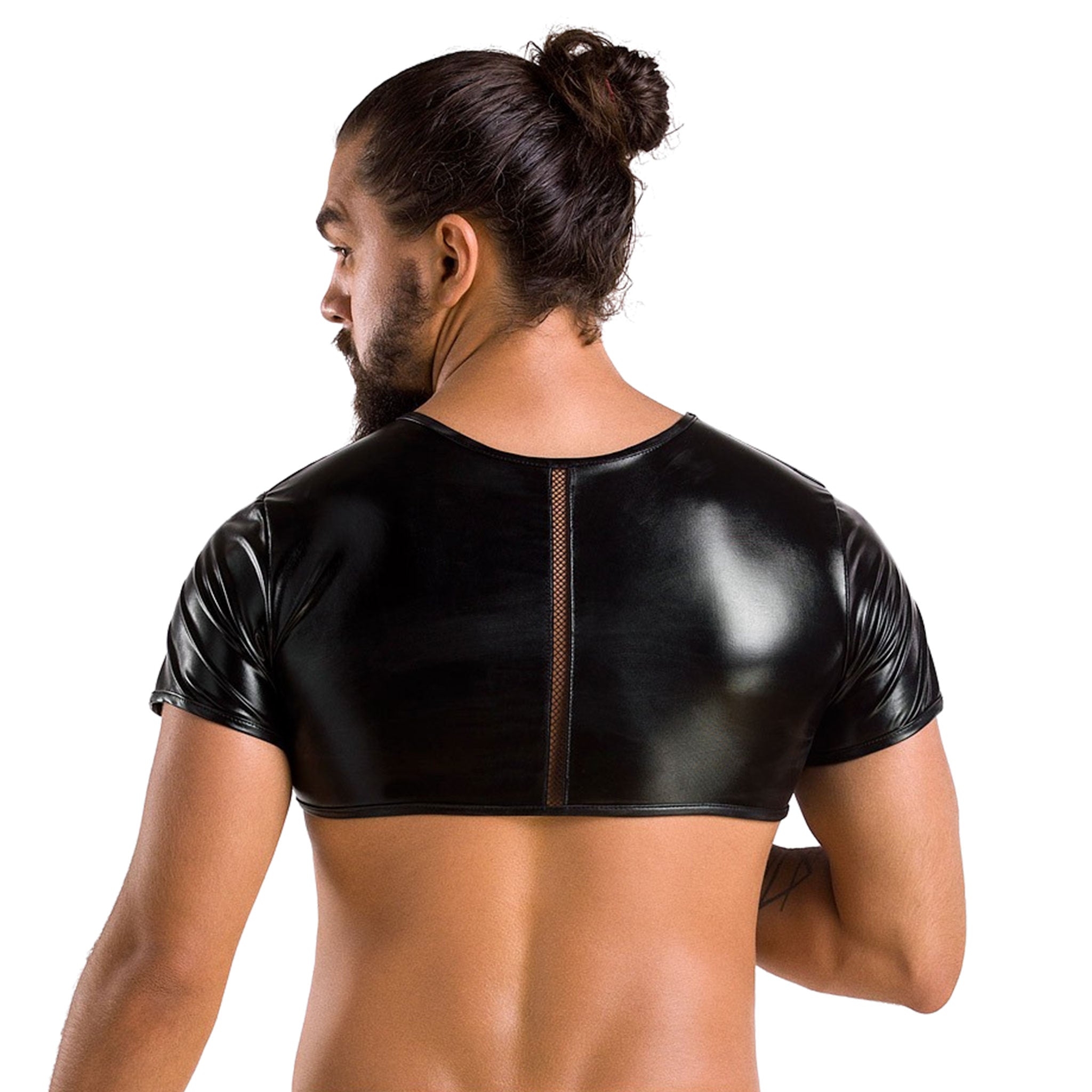Wetlook polyester polyamide elastane mesh sheer transparent fishnet fish-net top shirt croptop crop-top insert fitted shiny relaxing stylish erotic exposing ventilated flexible comfortable sensual male masculine masc mens dudes guys black