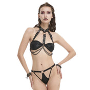 Polyester cotton faux-leather synthetic-leather patent-leather wetlook intimates lingerie bikini-set bikini top bra harness hanging-chain chain hinged panty panties bikini-bottom strappy O-ring adjustable snap-button press-button buckle integrated detachable soft stretchy fetish fun fashion dungeon bdsm bdsm-gear slim-fitting beachwear beach-wear club clubwear club-wear rave ravewear rave-wear seasonal beach female femme feminine women black
