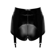 Wetlook power-wetlook shorts hi-waist high-waist high waist waisted garter clips 2way 2-way two-way crotch zipper female femme feminine women shiny stretchy tantalizing commanding seductive noir black