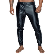 Wetlook power powerwetlook matte glossy long bottoms pants trousers sweatpants jogging tracksuit sweats drawstring waist zipper crotch elastic ankle cuff activewear athleisure loose relaxed noir black