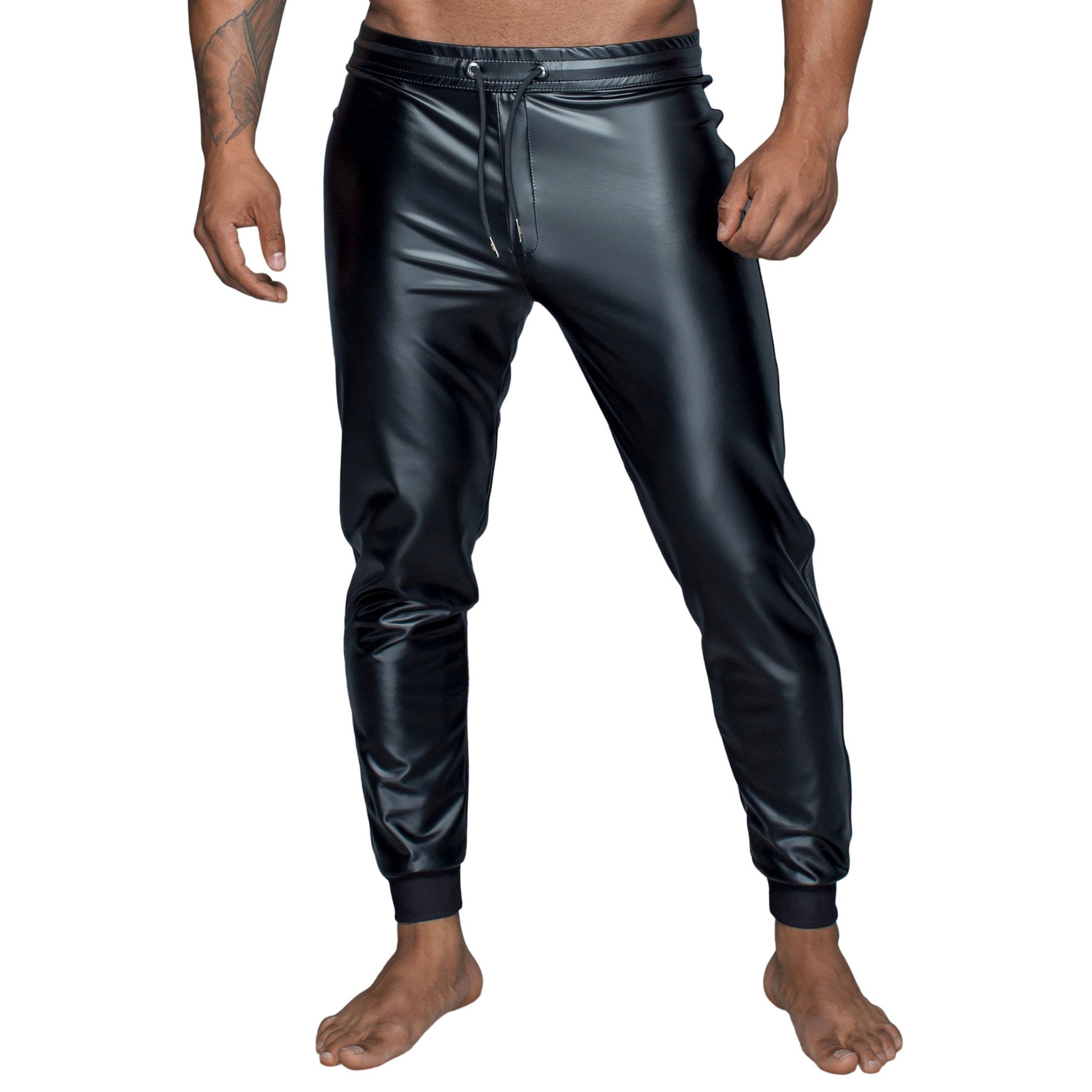 Wetlook power powerwetlook matte glossy long bottoms pants trousers sweatpants jogging tracksuit sweats drawstring waist zipper crotch elastic ankle cuff activewear athleisure loose relaxed noir black
