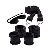 ABS-plastic metallic iron nickel-free polyester faux-fur elastic accessories restraints restraints-set binders body-restraints cuffs wristcuffs wrist-cuffs ankle-cuffs padded-cuffs fuzzy furry D-ring O-ring adjustable bed-mounted bed-restraints easy-to-use quick-setup discreet durable reliable soft comfortable versatile dependable plush inviting king-size king-bed no-bedposts bondage bdsm bdsm-toys bdsm-gear advanced-play sensory-play sensory sensual adult-toys black