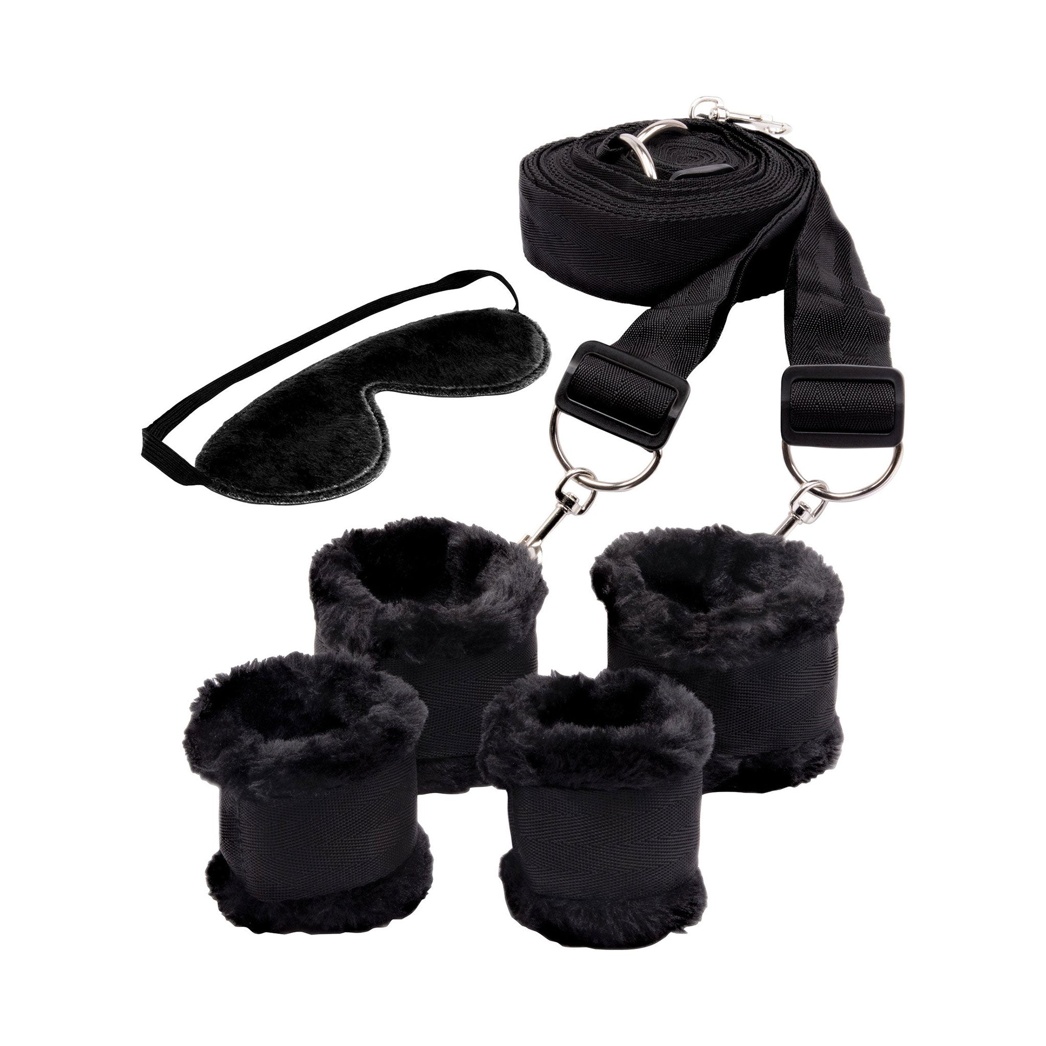 ABS-plastic metallic iron nickel-free polyester faux-fur elastic accessories restraints restraints-set binders body-restraints cuffs wristcuffs wrist-cuffs ankle-cuffs padded-cuffs fuzzy furry D-ring O-ring adjustable bed-mounted bed-restraints easy-to-use quick-setup discreet durable reliable soft comfortable versatile dependable plush inviting king-size king-bed no-bedposts bondage bdsm bdsm-toys bdsm-gear advanced-play sensory-play sensory sensual adult-toys black