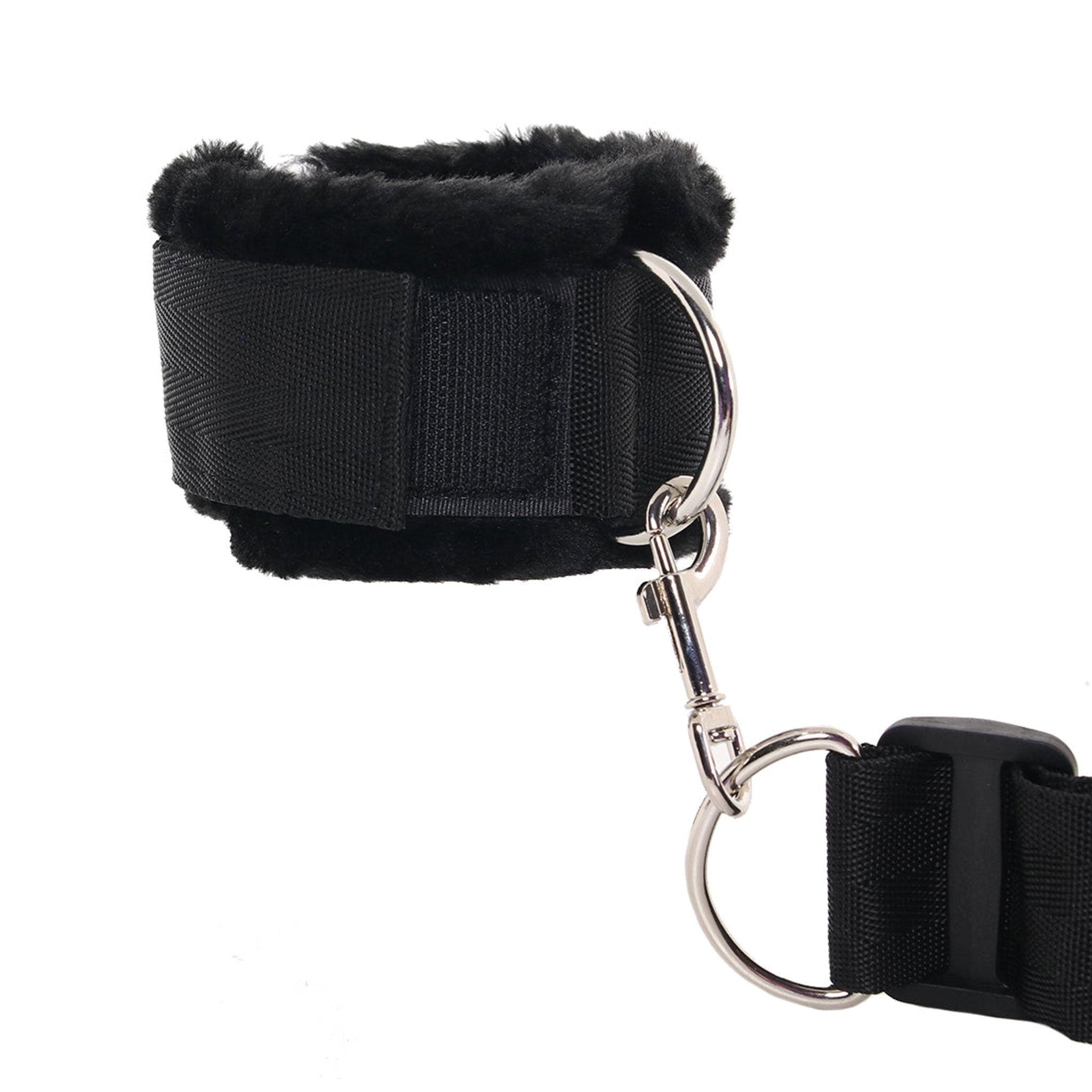 ABS-plastic metallic iron nickel-free polyester faux-fur elastic accessories restraints restraints-set binders body-restraints cuffs wristcuffs wrist-cuffs ankle-cuffs padded-cuffs fuzzy furry D-ring O-ring adjustable bed-mounted bed-restraints easy-to-use quick-setup discreet durable reliable soft comfortable versatile dependable plush inviting king-size king-bed no-bedposts bondage bdsm bdsm-toys bdsm-gear advanced-play sensory-play sensory sensual adult-toys black