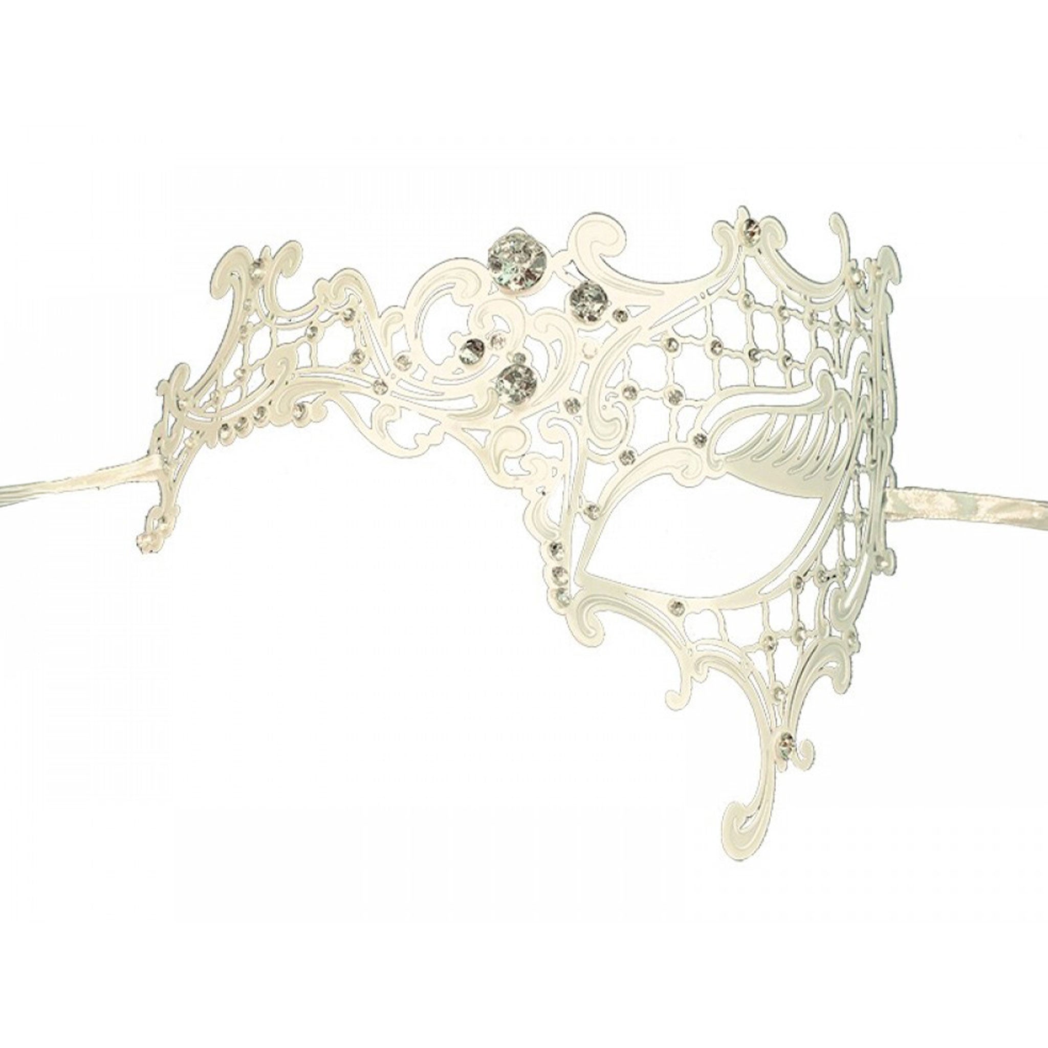 Metallic metalwork semi-flexible semi-malleable laser-cut rhinestones gems accessories mask eye-mask filigree-mask asymmetrical one-eye tie-on satin-ribbon elegant elegance sparkling luxury luxurious delicate graceful refined costumes cosplay Halloween masquerade masquerade-ball party bridal formal-ball winter winter-themed unisex white clear